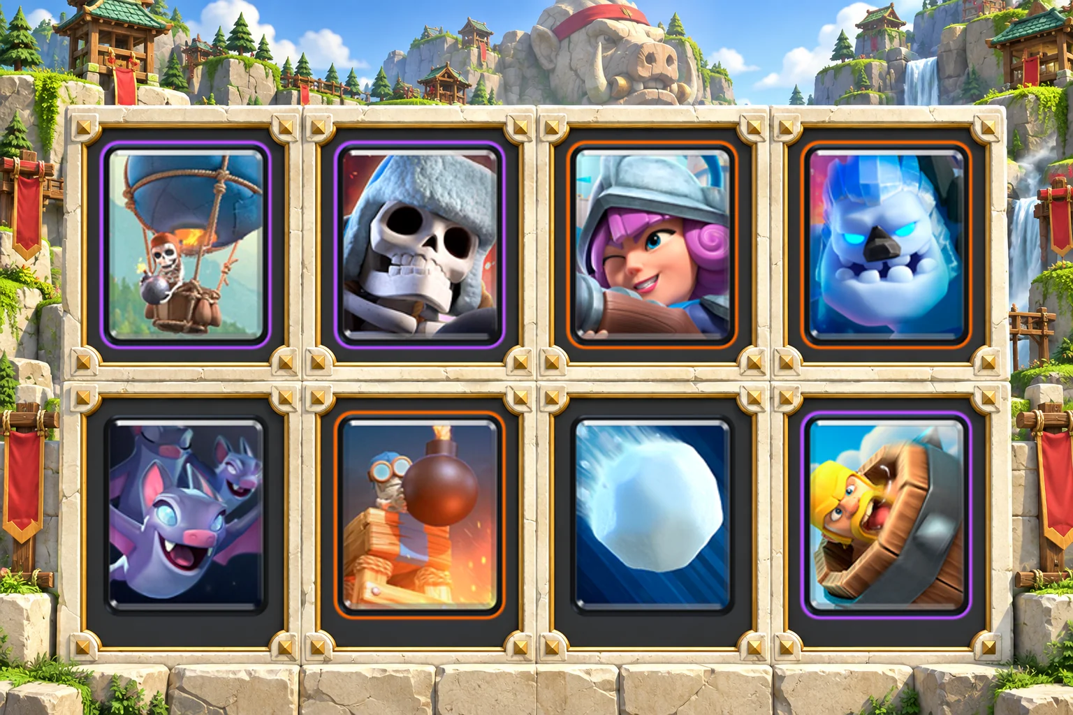Giant Skeleton Balloon: Balloon, Giant Skeleton, Musketeer, Ice Golem, Bats, Bomb Tower, Giant Snowball, Barbarian Barrel