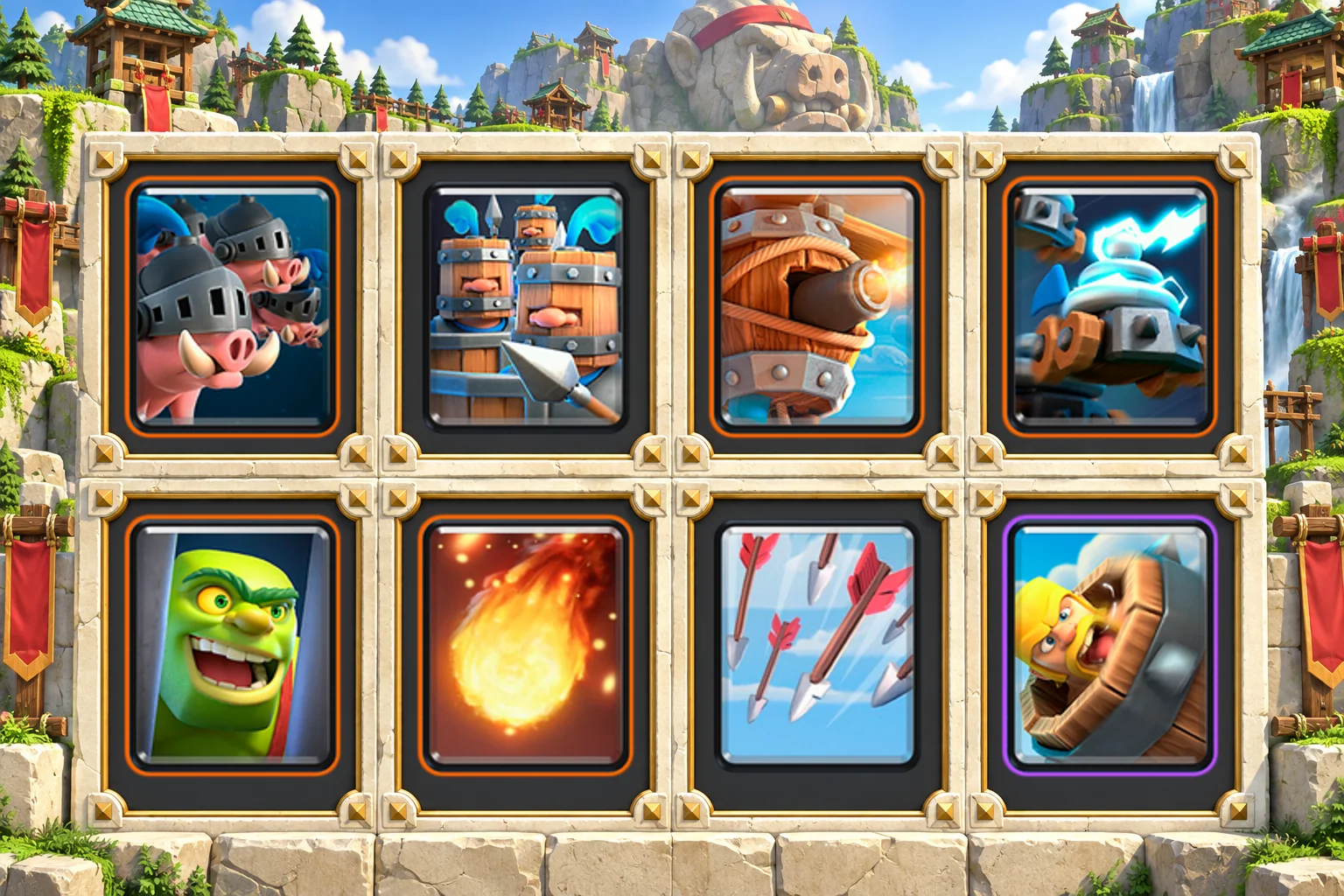 Royal Hogs Recruits: Royal Hogs, Royal Recruits, Flying Machine, Zappies, Goblin Cage, Fireball, Arrows, Barbarian Barrel