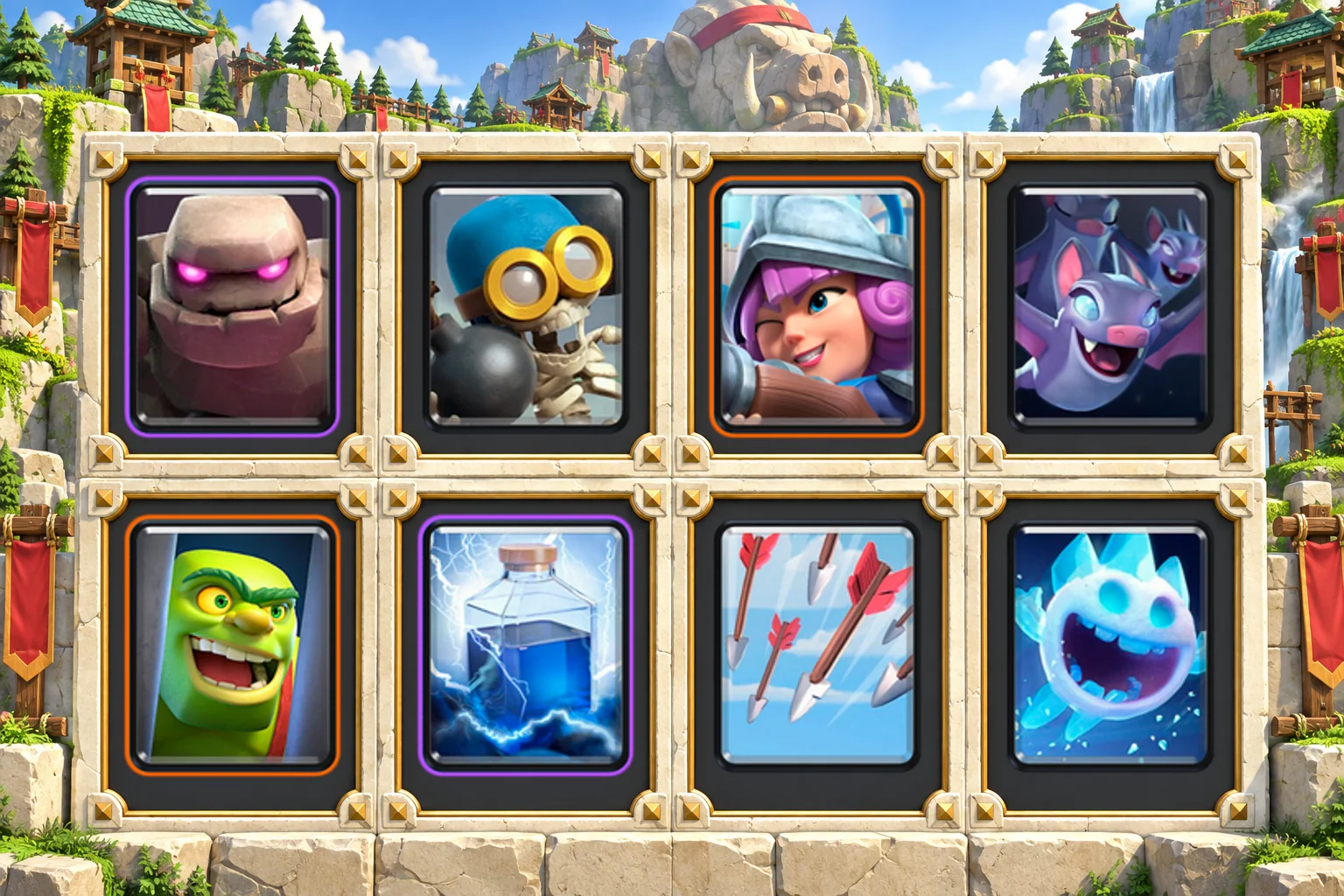 Golem Lightning Support: Golem, Bomber, Musketeer, Bats, Goblin Cage, Lightning, Arrows, Ice Spirit