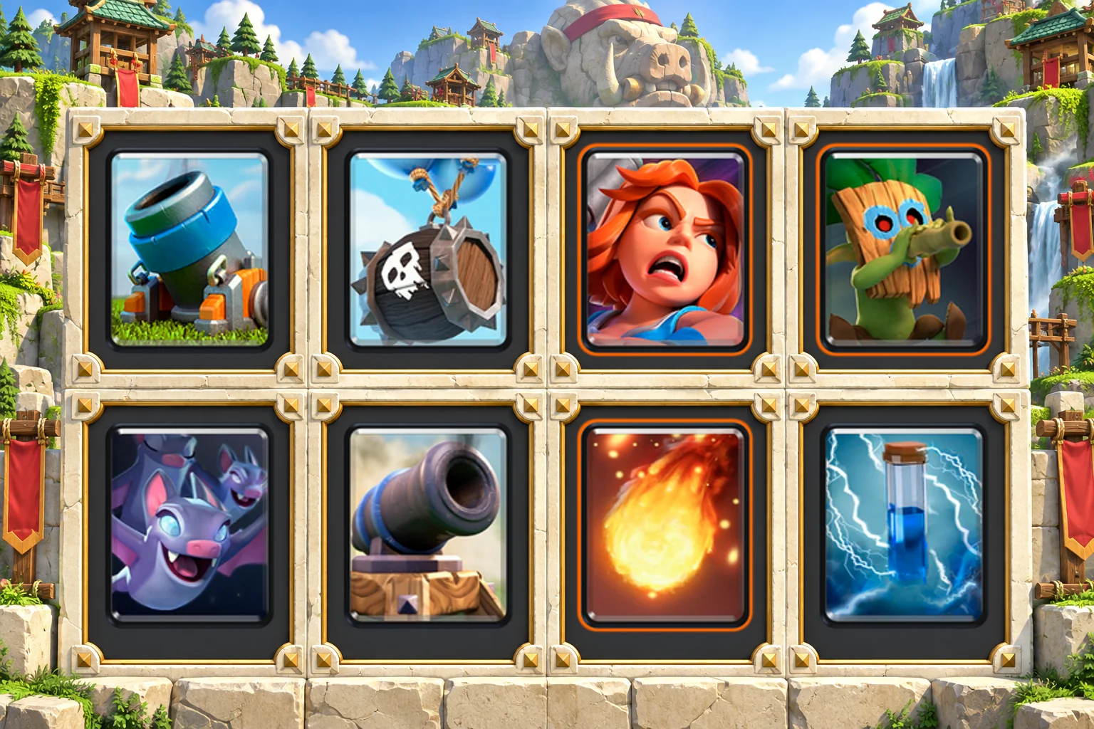 Mortar Skeleton Barrel: Mortar, Skeleton Barrel, Valkyrie, Dart Goblin, Bats, Cannon, Fireball, Zap