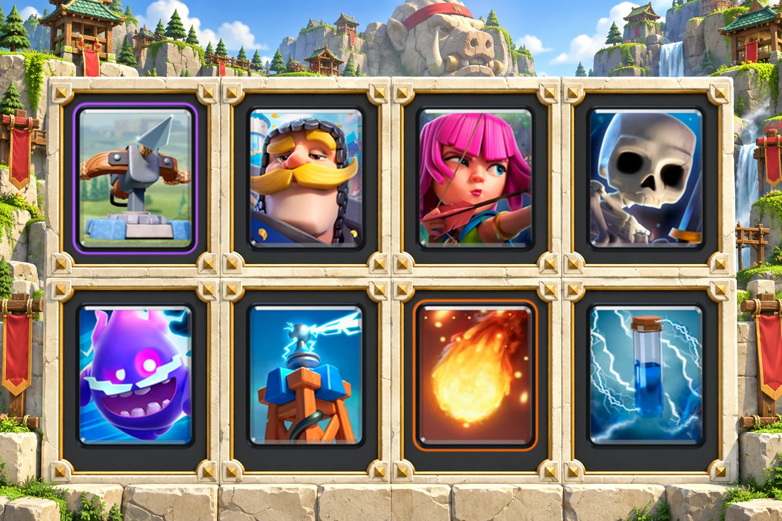 X-Bow Tesla Cycle: X-Bow, Knight, Archers, Skeletons, Electro Spirit, Tesla, Fireball, Zap