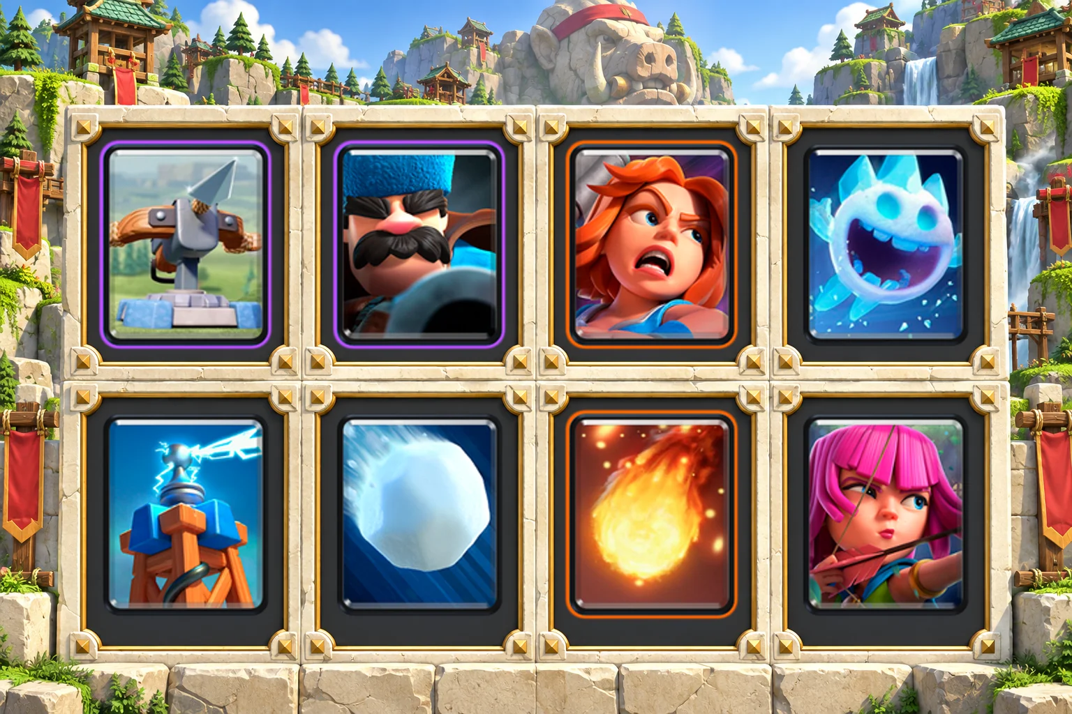 X-Bow Hunter Defense: X-Bow, Hunter, Valkyrie, Ice Spirit, Tesla, Giant Snowball, Fireball, Archers