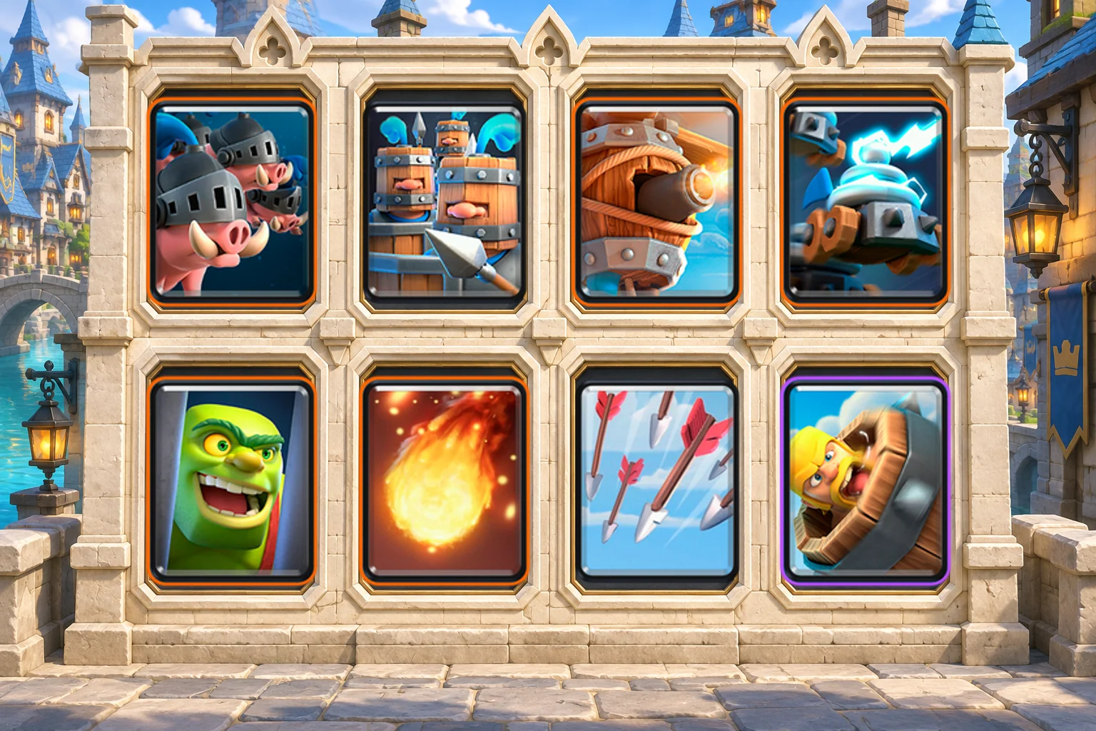 Royal Hogs Recruits: Royal Hogs, Royal Recruits, Flying Machine, Zappies, Goblin Cage, Fireball, Arrows, Barbarian Barrel