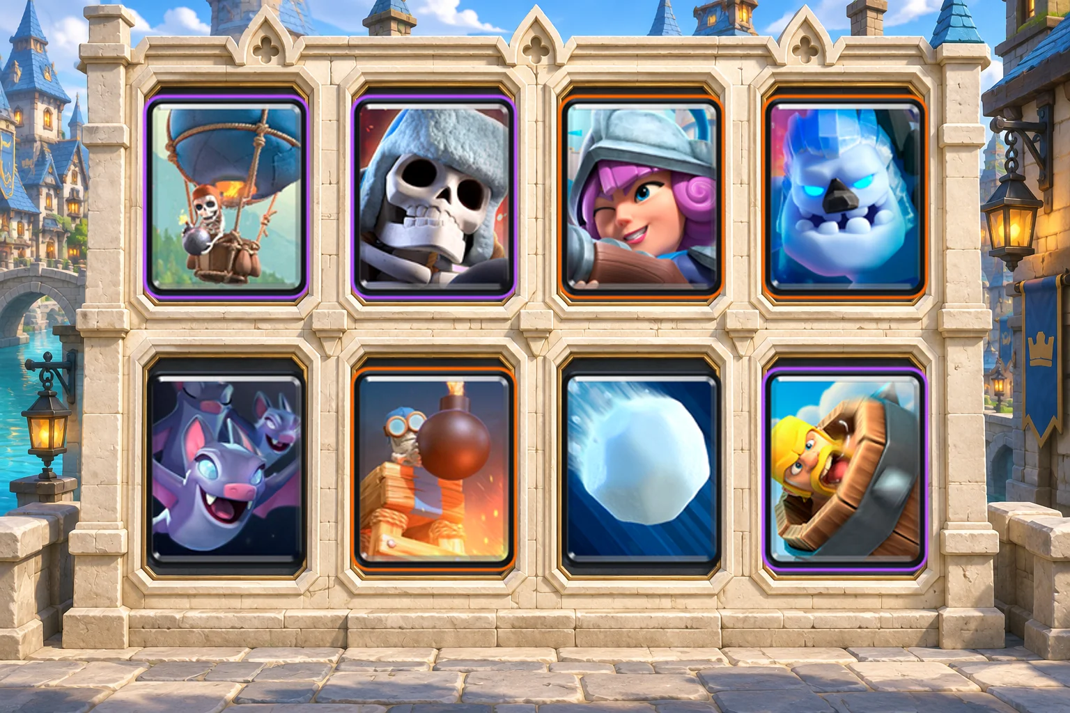 Giant Skeleton Balloon: Balloon, Giant Skeleton, Musketeer, Ice Golem, Bats, Bomb Tower, Giant Snowball, Barbarian Barrel