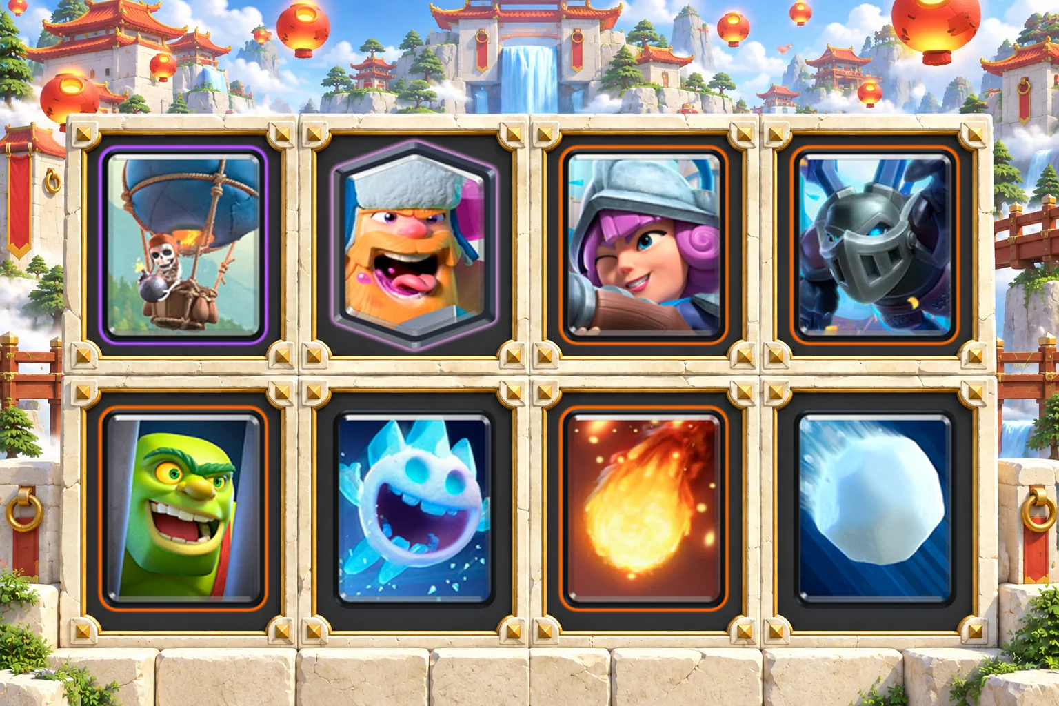 Lumberjack Balloon Snowball: Balloon, Lumberjack, Musketeer, Mega Minion, Goblin Cage, Ice Spirit, Fireball, Giant Snowball