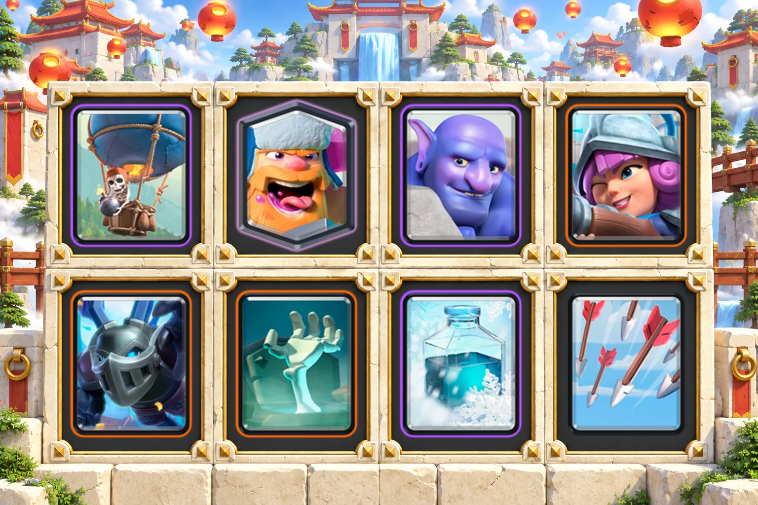 Lumberjack Balloon Freeze: Balloon, Lumberjack, Bowler, Musketeer, Mega Minion, Tombstone, Freeze, Arrows