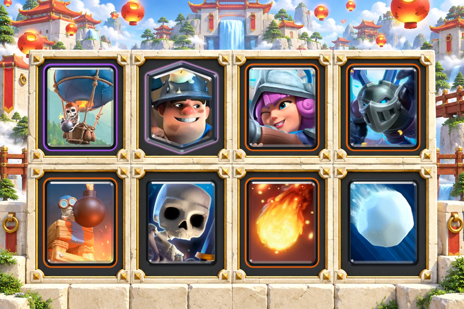Balloon Miner Bomb Tower: Balloon, Miner, Musketeer, Mega Minion, Bomb Tower, Skeletons, Fireball, Giant Snowball