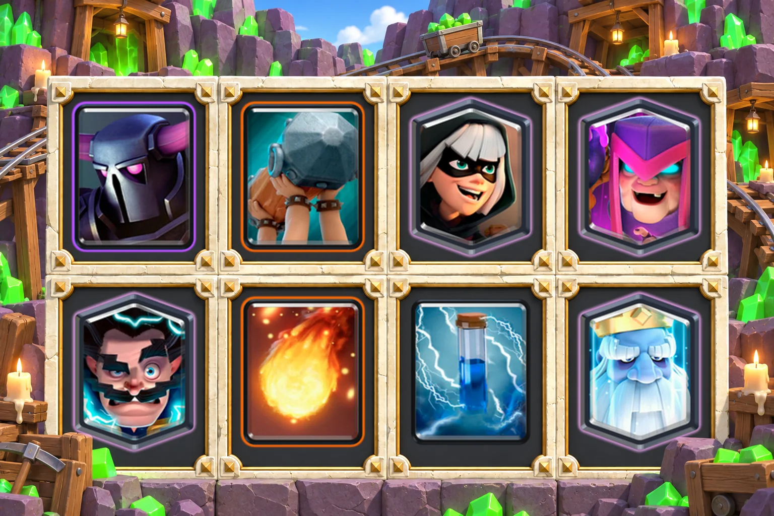 P.E.K.K.A Ram Mother Witch: P.E.K.K.A, Battle Ram, Bandit, Mother Witch, Electro Wizard, Fireball, Zap, Royal Ghost