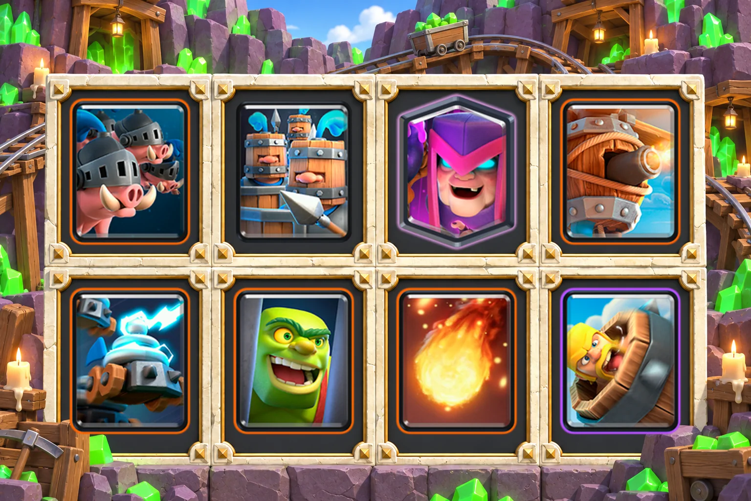 Royal Hogs Recruits Mother Witch: Royal Hogs, Royal Recruits, Mother Witch, Flying Machine, Zappies, Goblin Cage, Fireball, Barbarian Barrel