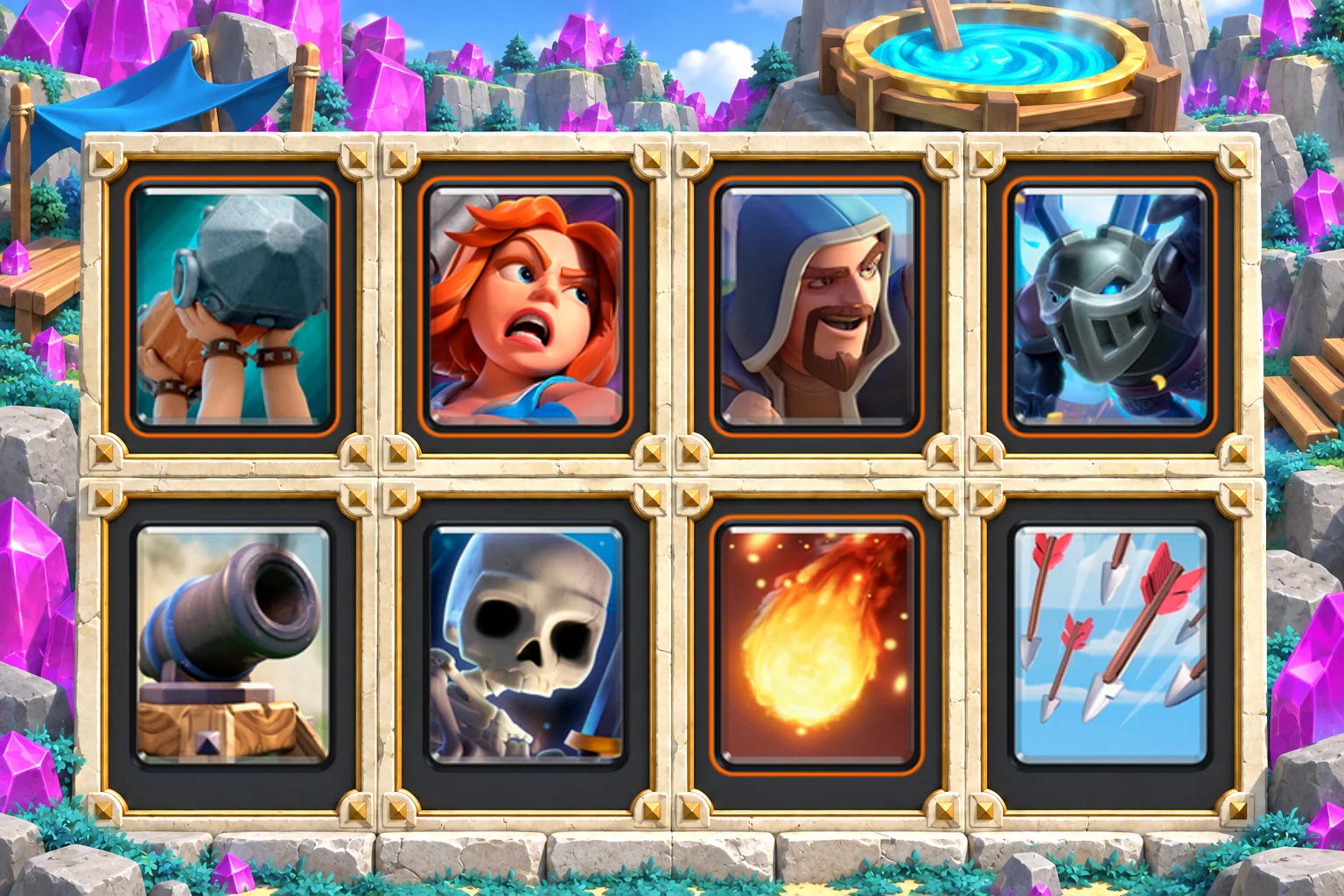 Battle Ram Valkyrie Wizard: Battle Ram, Valkyrie, Wizard, Mega Minion, Cannon, Skeletons, Fireball, Arrows