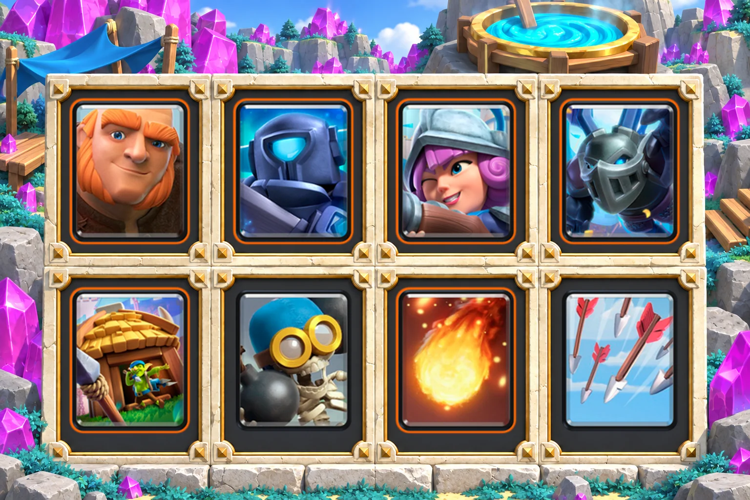 Giant Goblin Hut Defense: Giant, Mini P.E.K.K.A, Musketeer, Mega Minion, Goblin Hut, Bomber, Fireball, Arrows