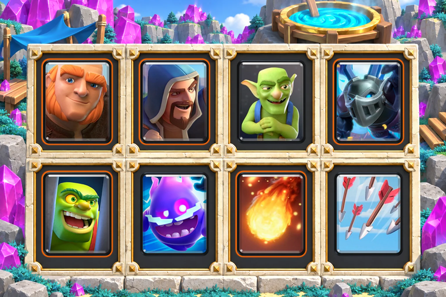 Giant Wizard Goblin Screen: Giant, Wizard, Goblins, Mega Minion, Goblin Cage, Electro Spirit, Fireball, Arrows