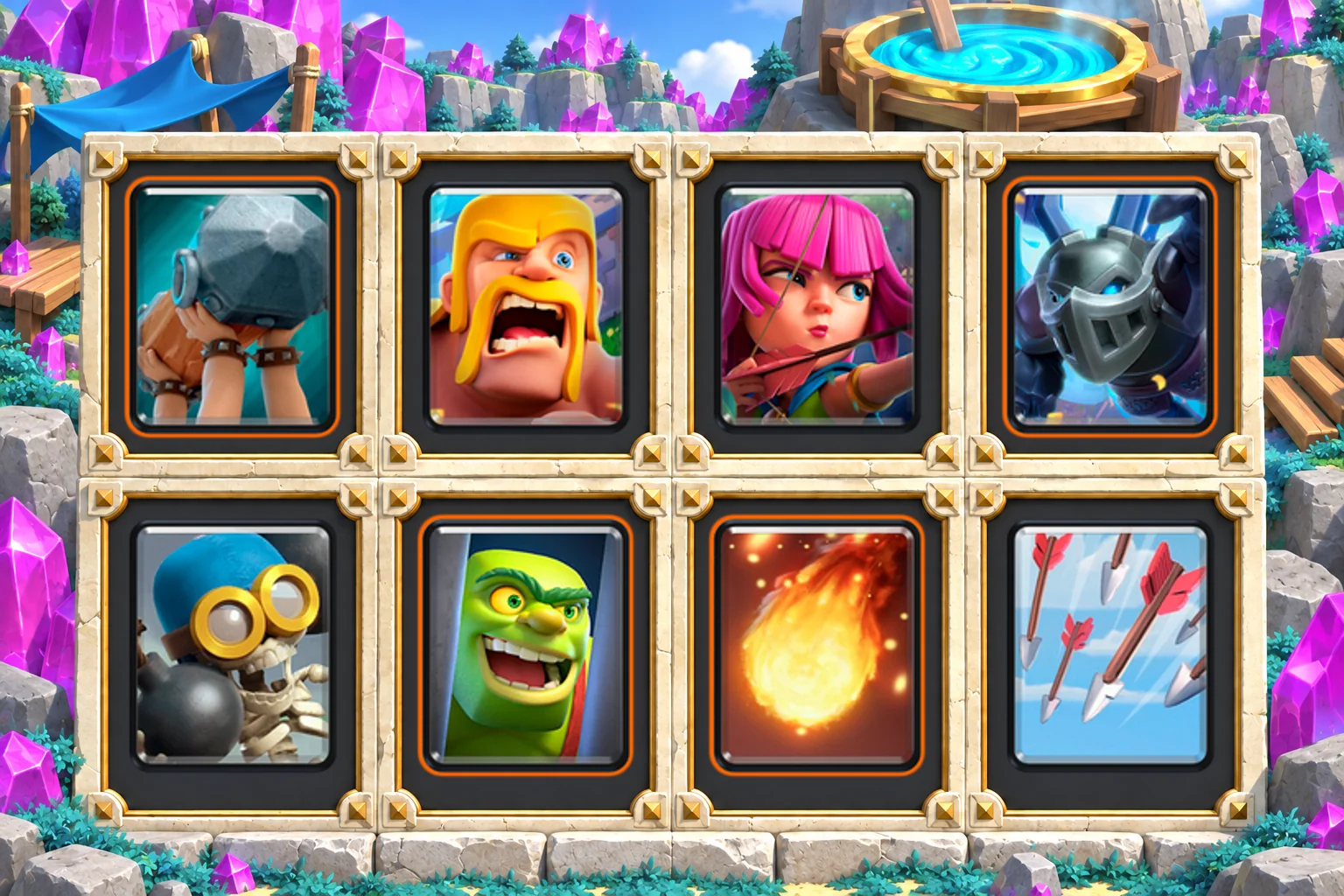 Ram Barbarians Split Defense: Battle Ram, Barbarians, Archers, Mega Minion, Bomber, Goblin Cage, Fireball, Arrows
