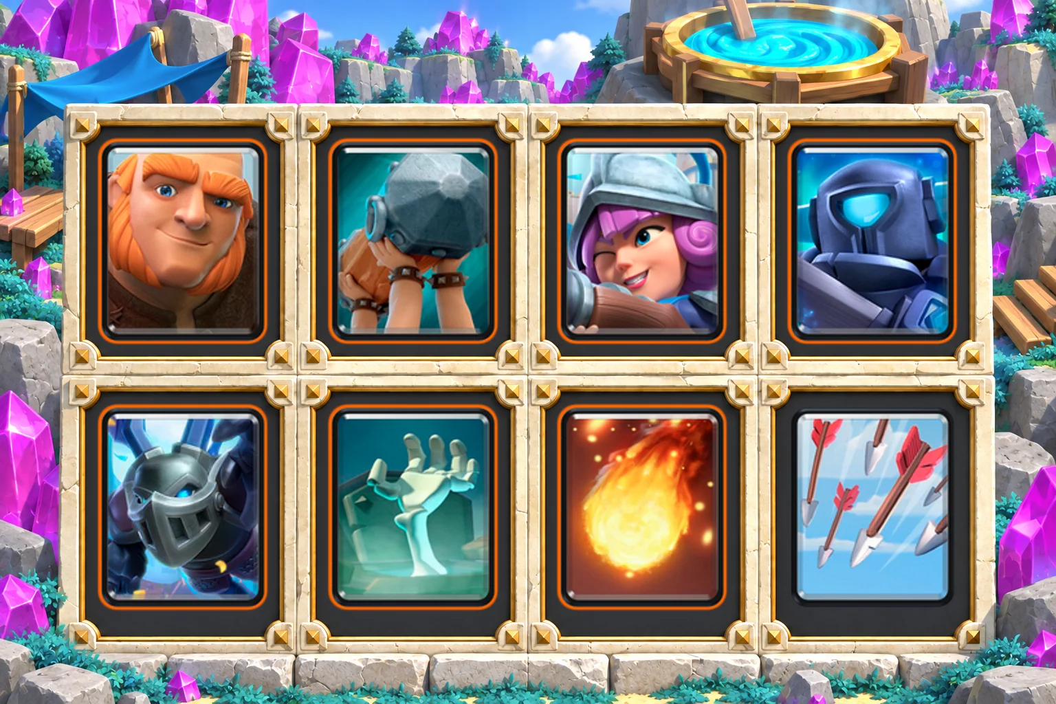 Giant Ram Two-Stage Pressure: Giant, Battle Ram, Musketeer, Mini P.E.K.K.A, Mega Minion, Tombstone, Fireball, Arrows