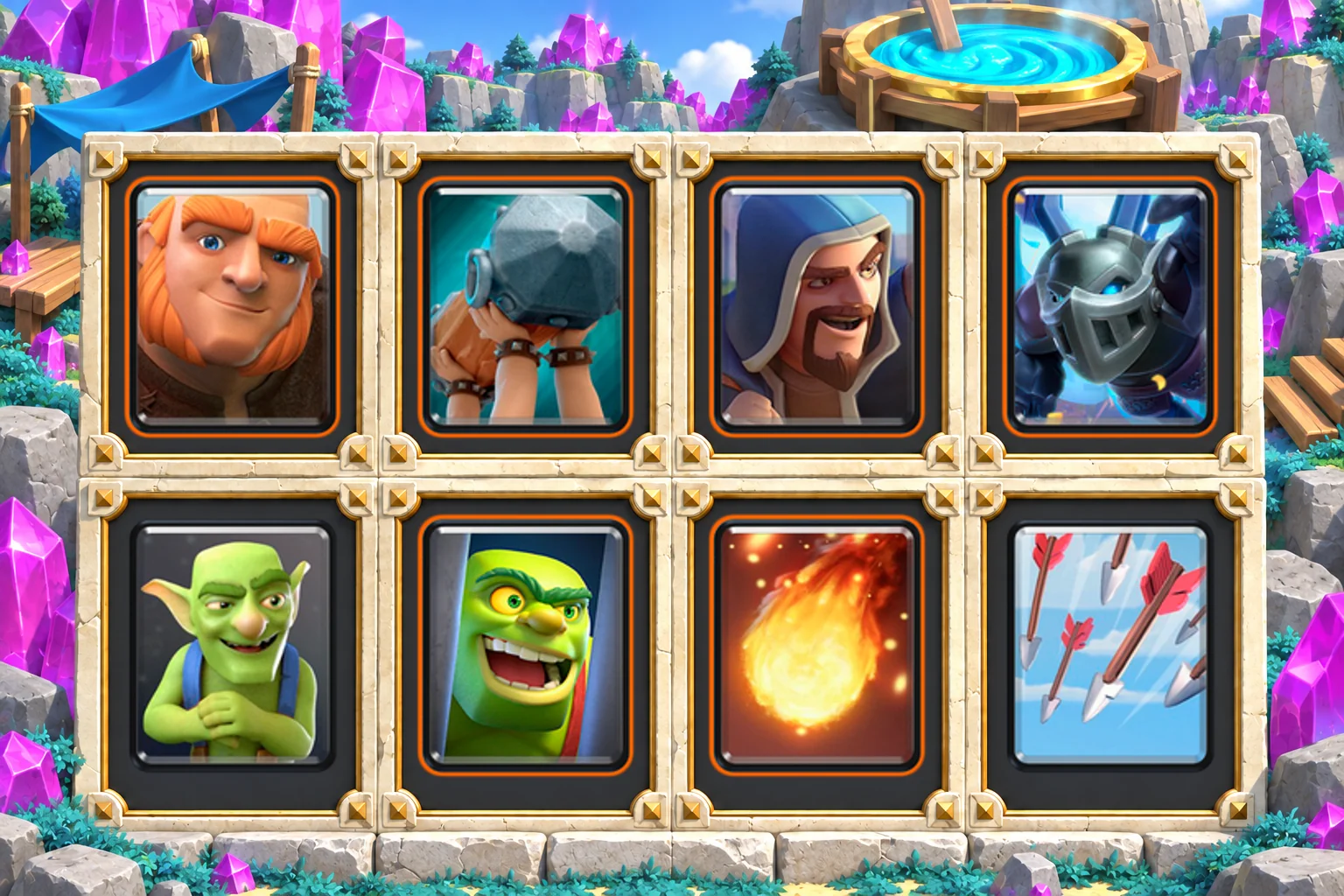 Giant Ram Wizard Support: Giant, Battle Ram, Wizard, Mega Minion, Goblins, Goblin Cage, Fireball, Arrows