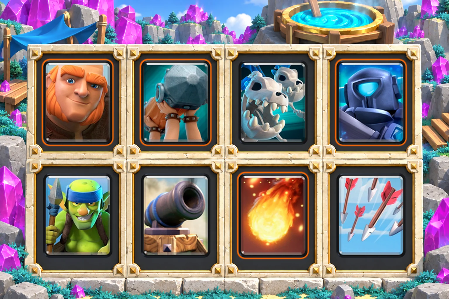 Giant Ram Skeleton Dragons: Giant, Battle Ram, Skeleton Dragons, Mini P.E.K.K.A, Spear Goblins, Cannon, Fireball, Arrows