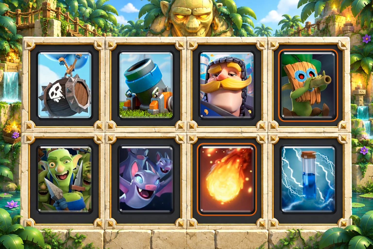 Skeleton Barrel Mortar Bait: Skeleton Barrel, Mortar, Knight, Dart Goblin, Goblin Gang, Bats, Fireball, Zap