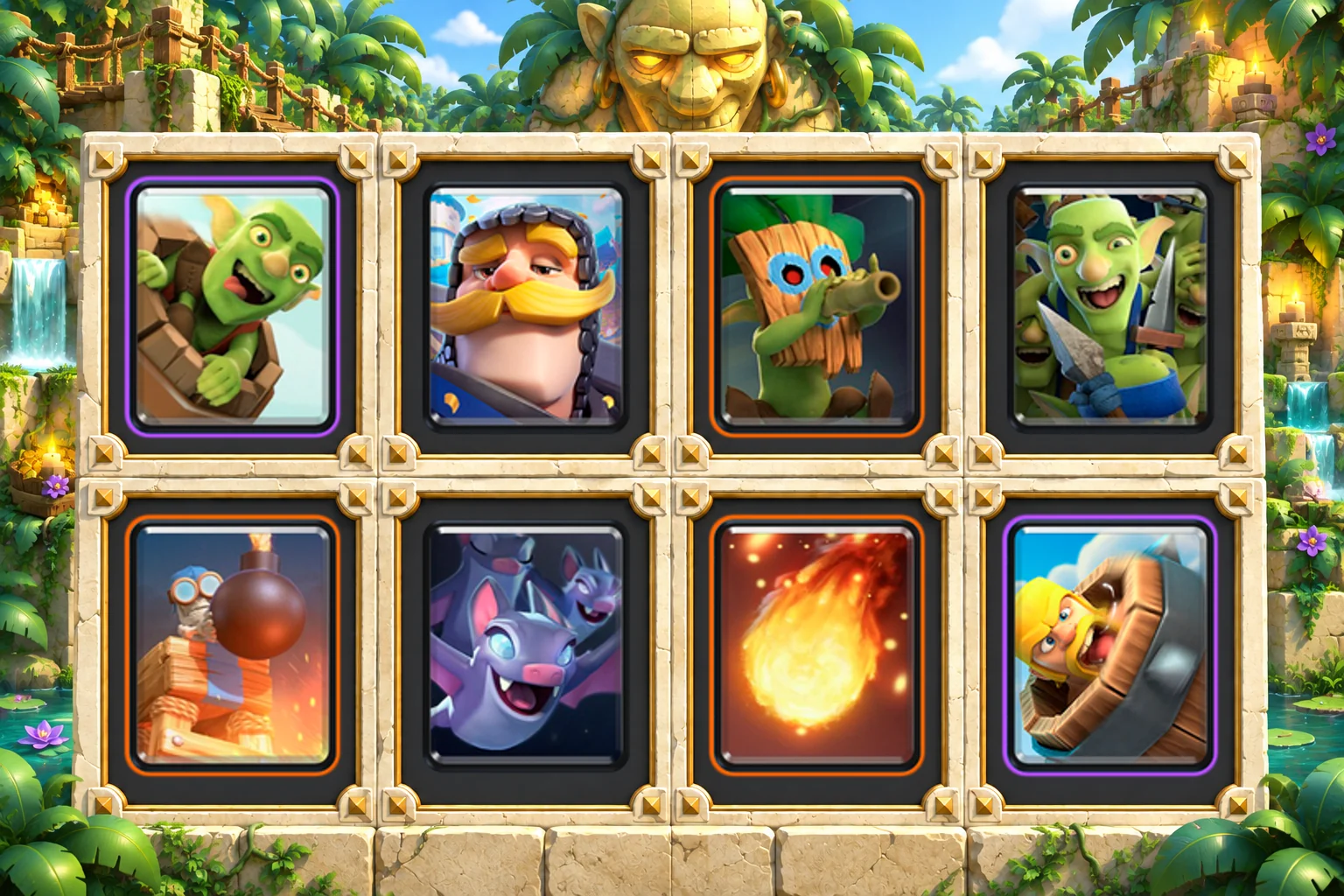 Goblin Barrel Bomb Tower: Goblin Barrel, Knight, Dart Goblin, Goblin Gang, Bomb Tower, Bats, Fireball, Barbarian Barrel