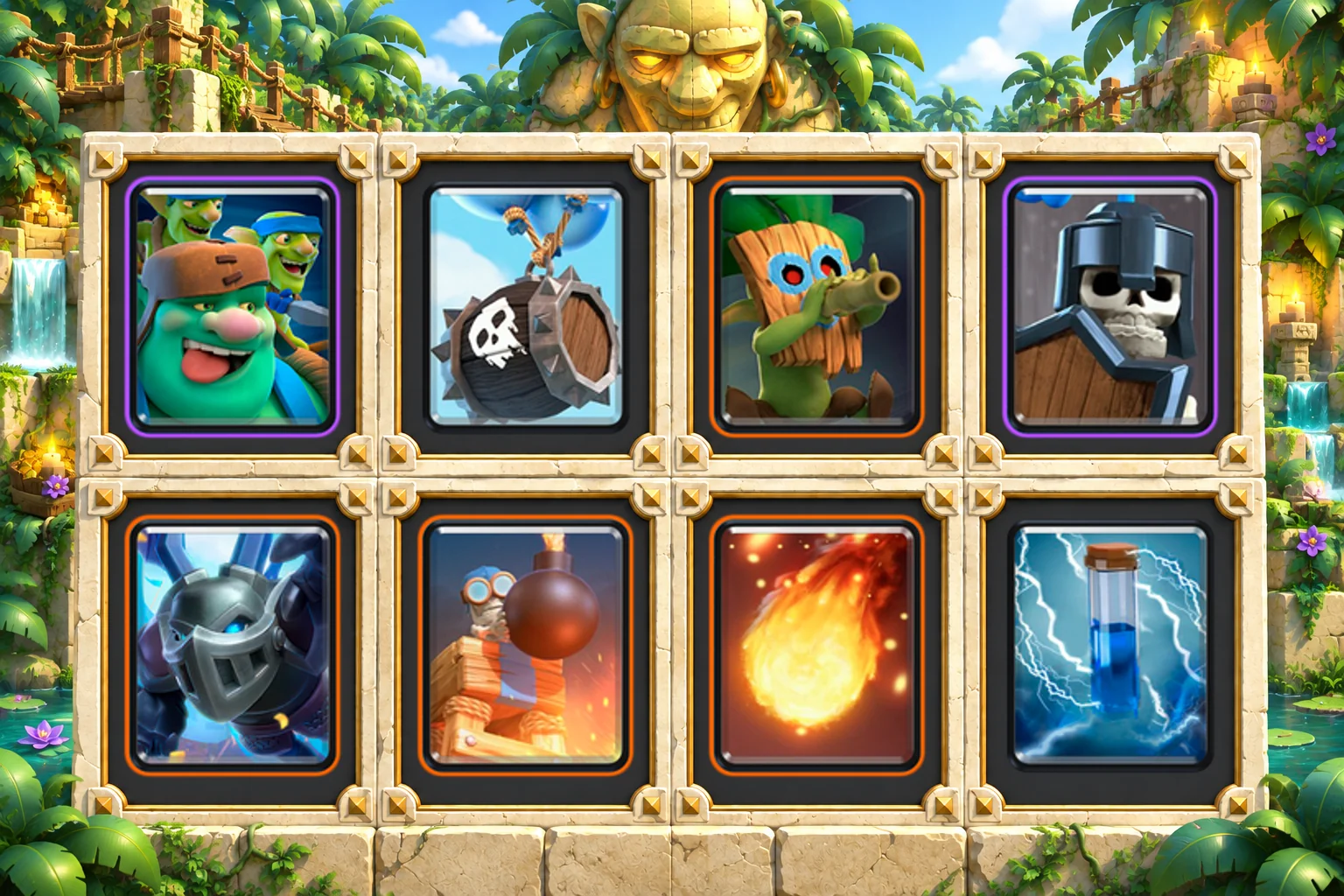 Goblin Giant Skeleton Barrel: Goblin Giant, Skeleton Barrel, Dart Goblin, Guards, Mega Minion, Bomb Tower, Fireball, Zap