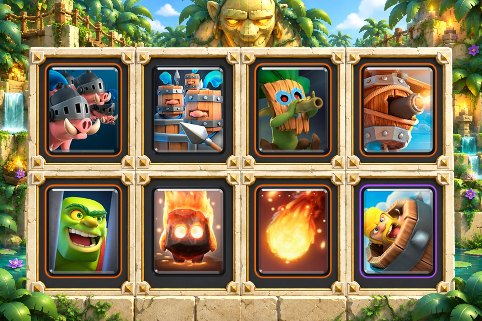 Royal Hogs Recruits Dart: Royal Hogs, Royal Recruits, Dart Goblin, Flying Machine, Goblin Cage, Fire Spirit, Fireball, Barbarian Barrel