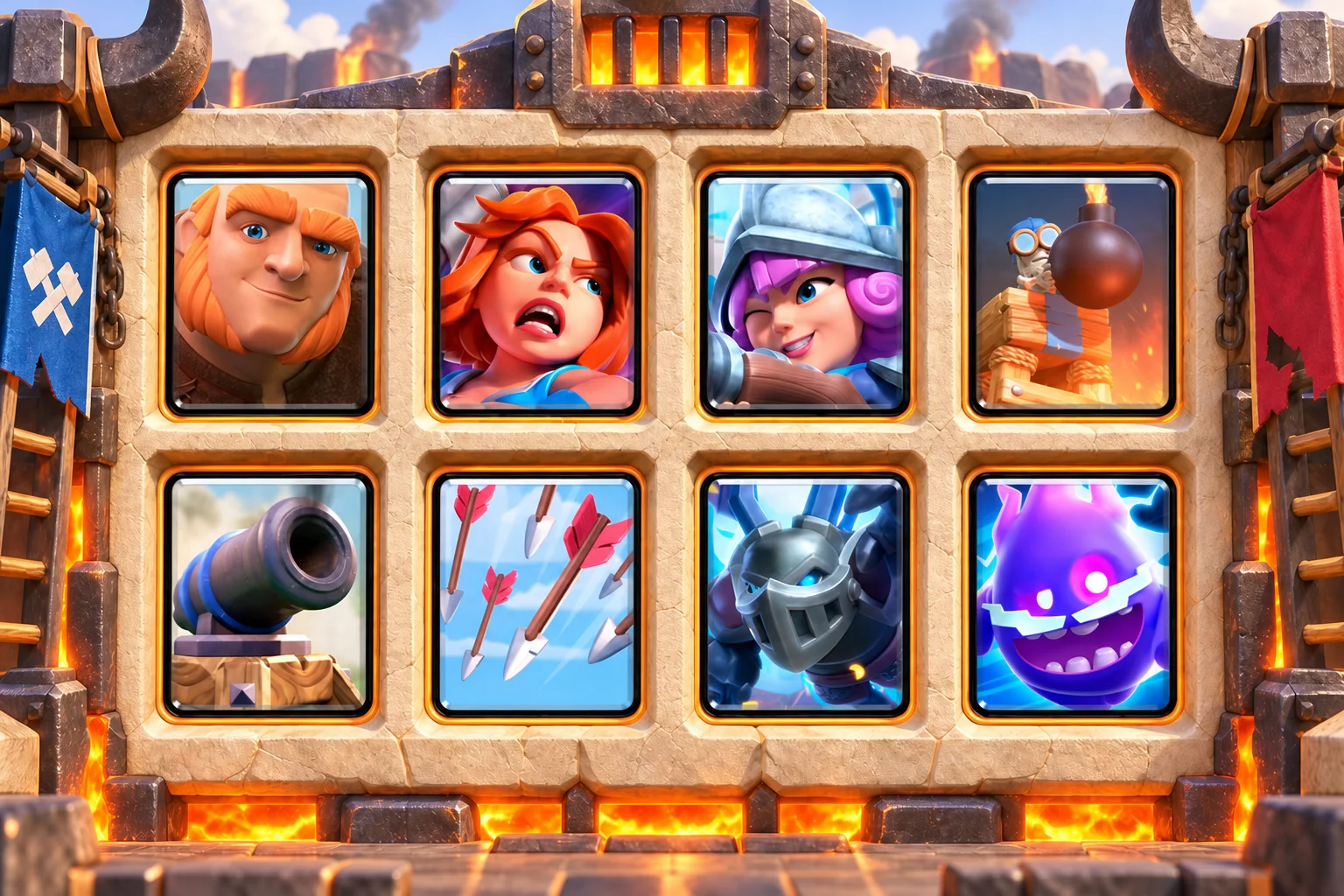 Giant Double-Building Defense: Giant, Valkyrie, Musketeer, Bomb Tower, Cannon, Arrows, Mega Minion, Electro Spirit.