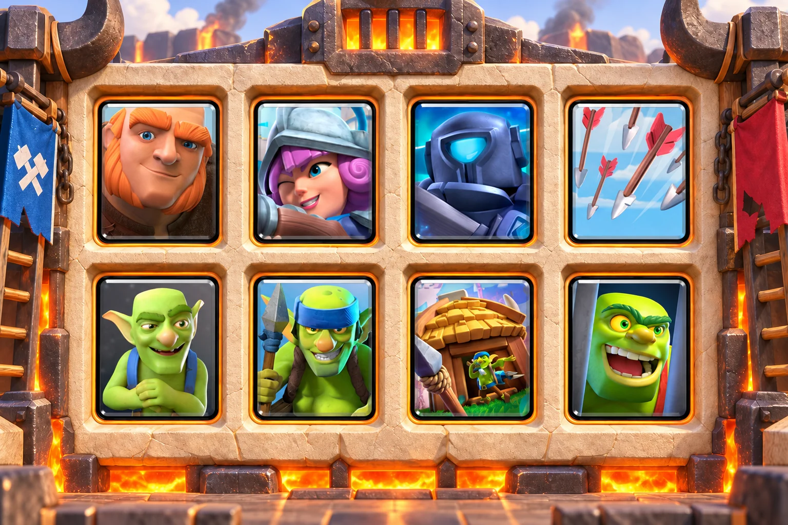Giant Double-Building Spawner: Giant, Musketeer, Mini P.E.K.K.A, Arrows, Goblins, Spear Goblins, Goblin Hut, Goblin Cage.