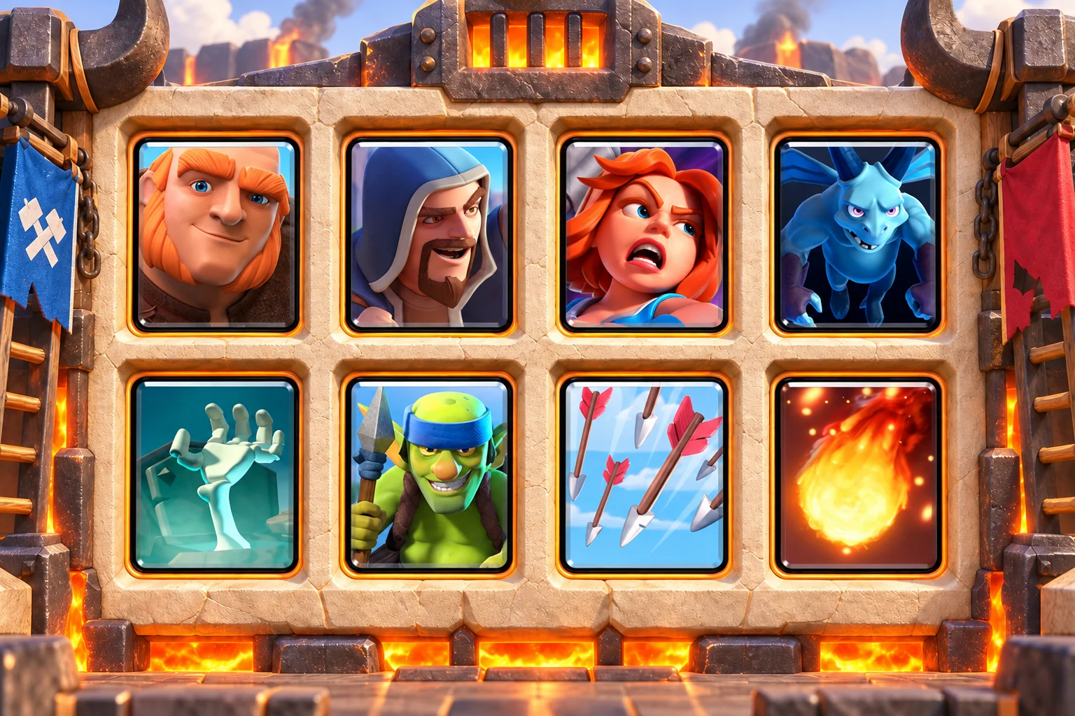 Giant Wizard Minions Beatdown: Giant, Wizard, Valkyrie, Minions, Tombstone, Spear Goblins, Arrows, Fireball.