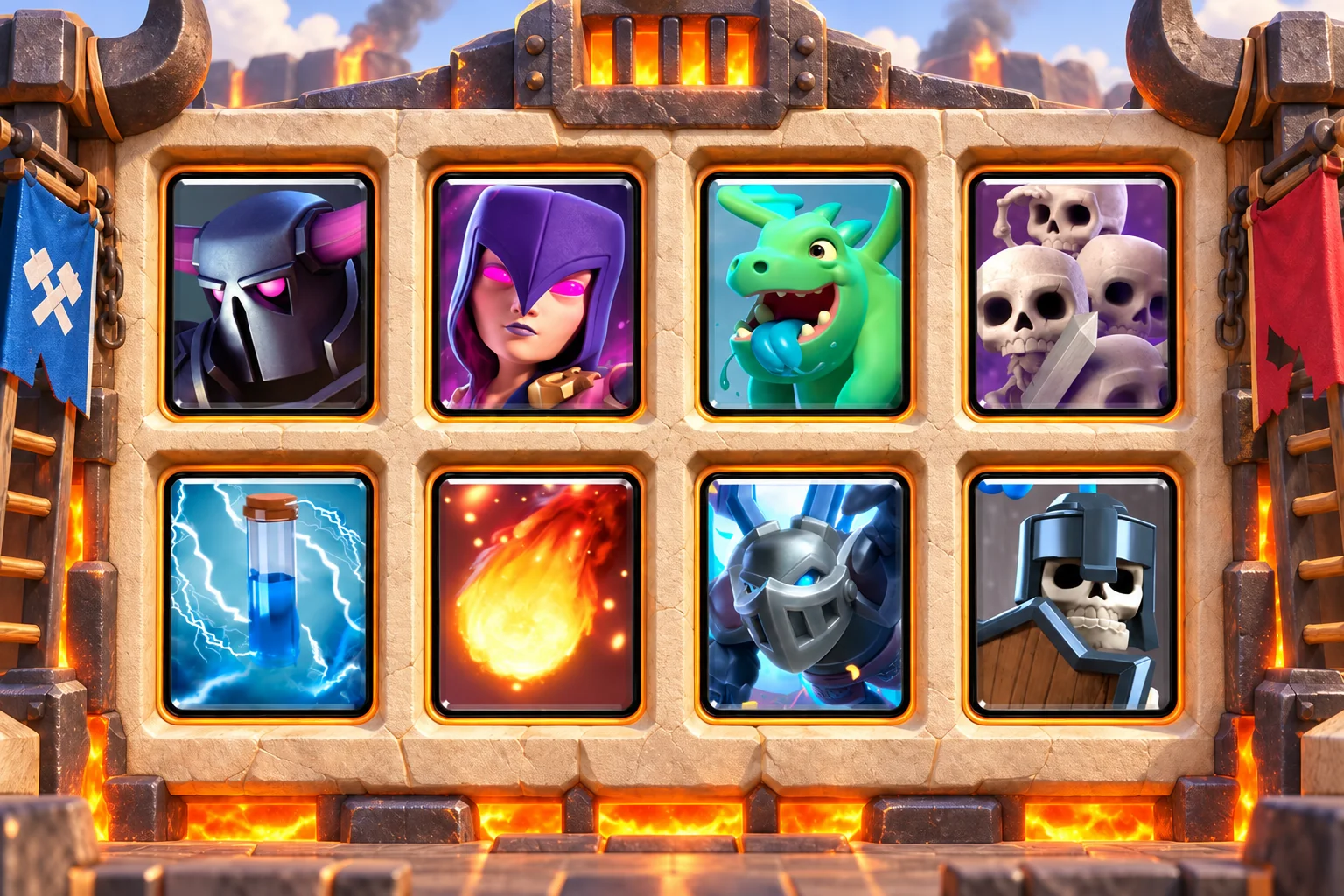 P.E.K.K.A Witch Air Support: P.E.K.K.A, Witch, Baby Dragon, Skeleton Army, Zap, Fireball, Mega Minion, Guards.
