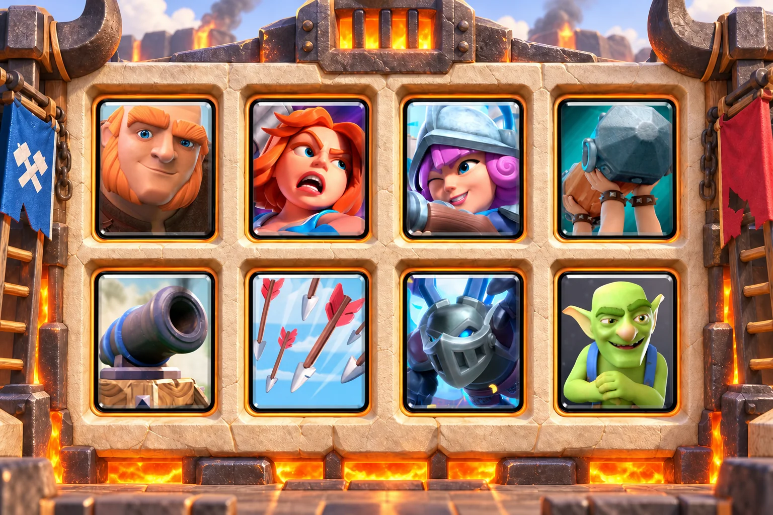 Giant Battle Ram Two-Lane: Giant, Valkyrie, Musketeer, Battle Ram, Cannon, Arrows, Mega Minion, Goblins.