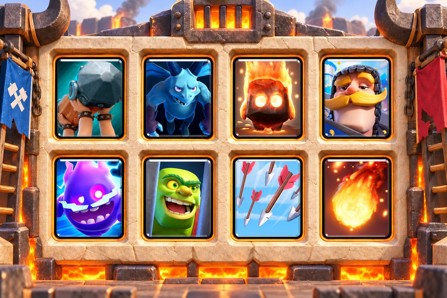 Battle Ram Double-Spirit Cycle: Battle Ram, Minions, Fire Spirit, Knight, Electro Spirit, Goblin Cage, Arrows, Fireball.
