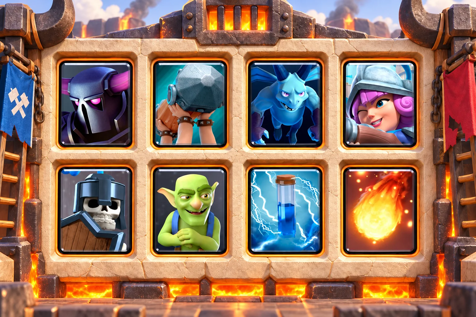 P.E.K.K.A Ram Split-Lane: P.E.K.K.A, Battle Ram, Minions, Musketeer, Guards, Goblins, Zap, Fireball.