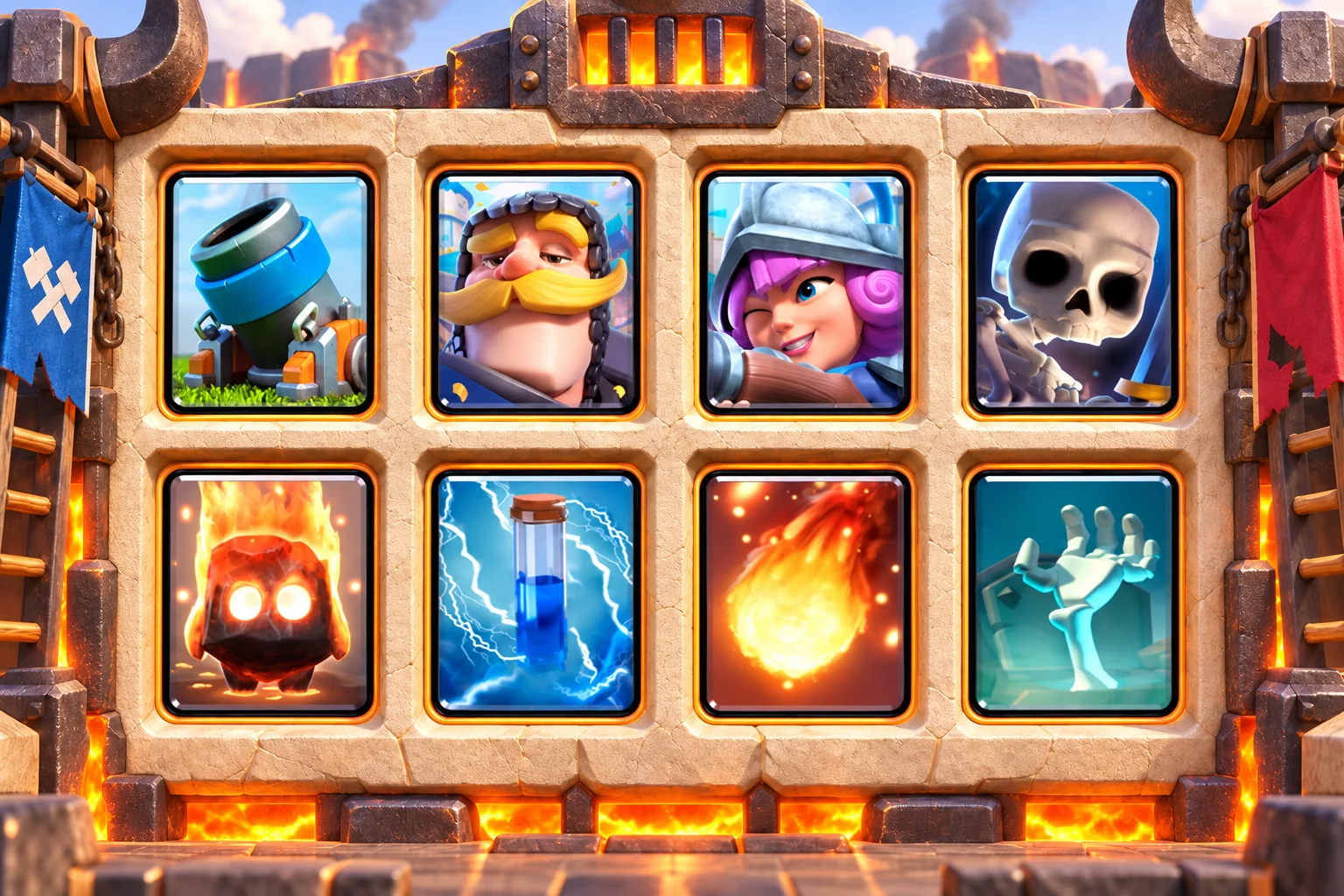 Mortar Fireball Cycle: Mortar, Knight, Musketeer, Skeletons, Fire Spirit, Zap, Fireball, Tombstone.