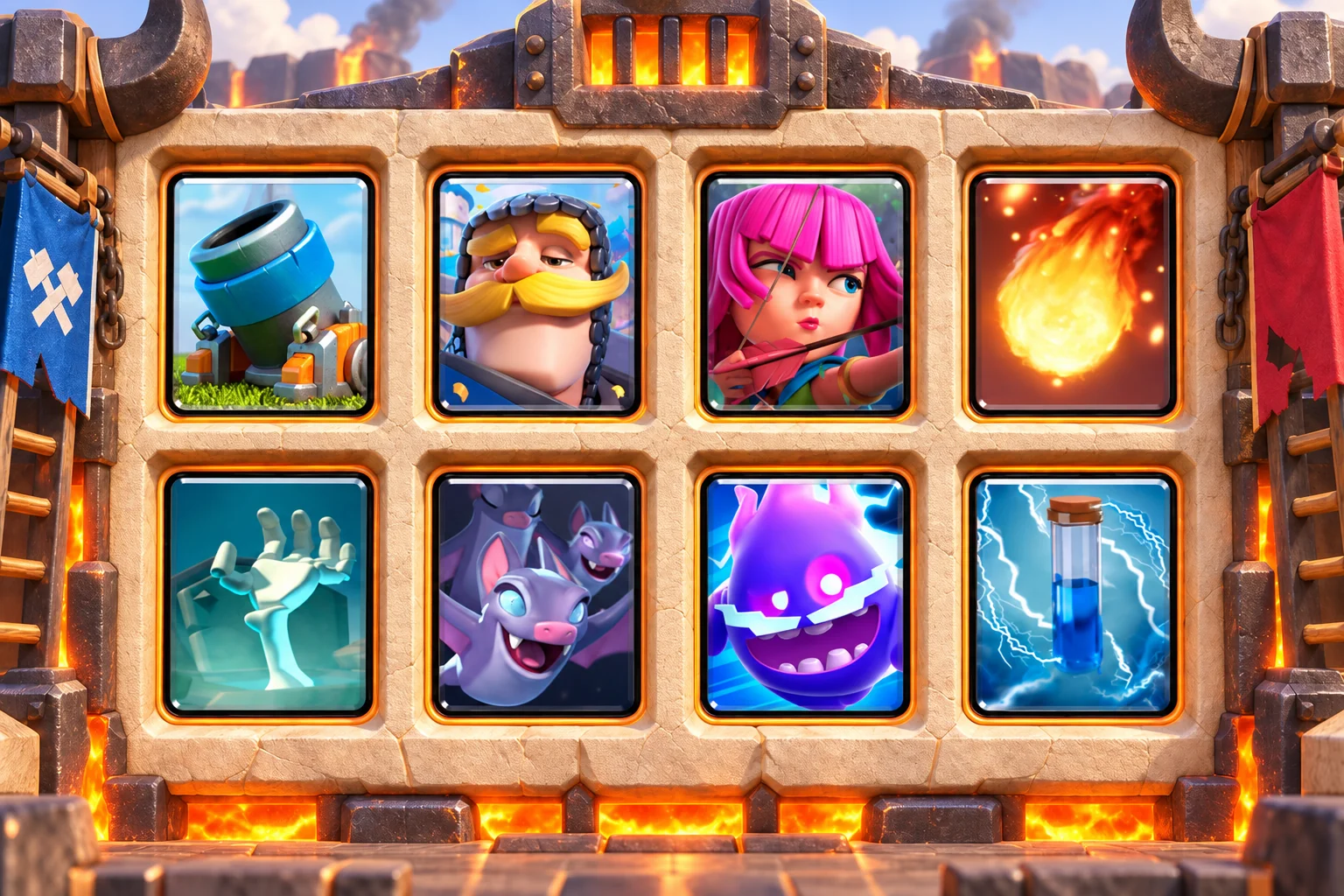 Mortar Bats Cycle: Mortar, Knight, Archers, Fireball, Tombstone, Bats, Electro Spirit, Zap.
