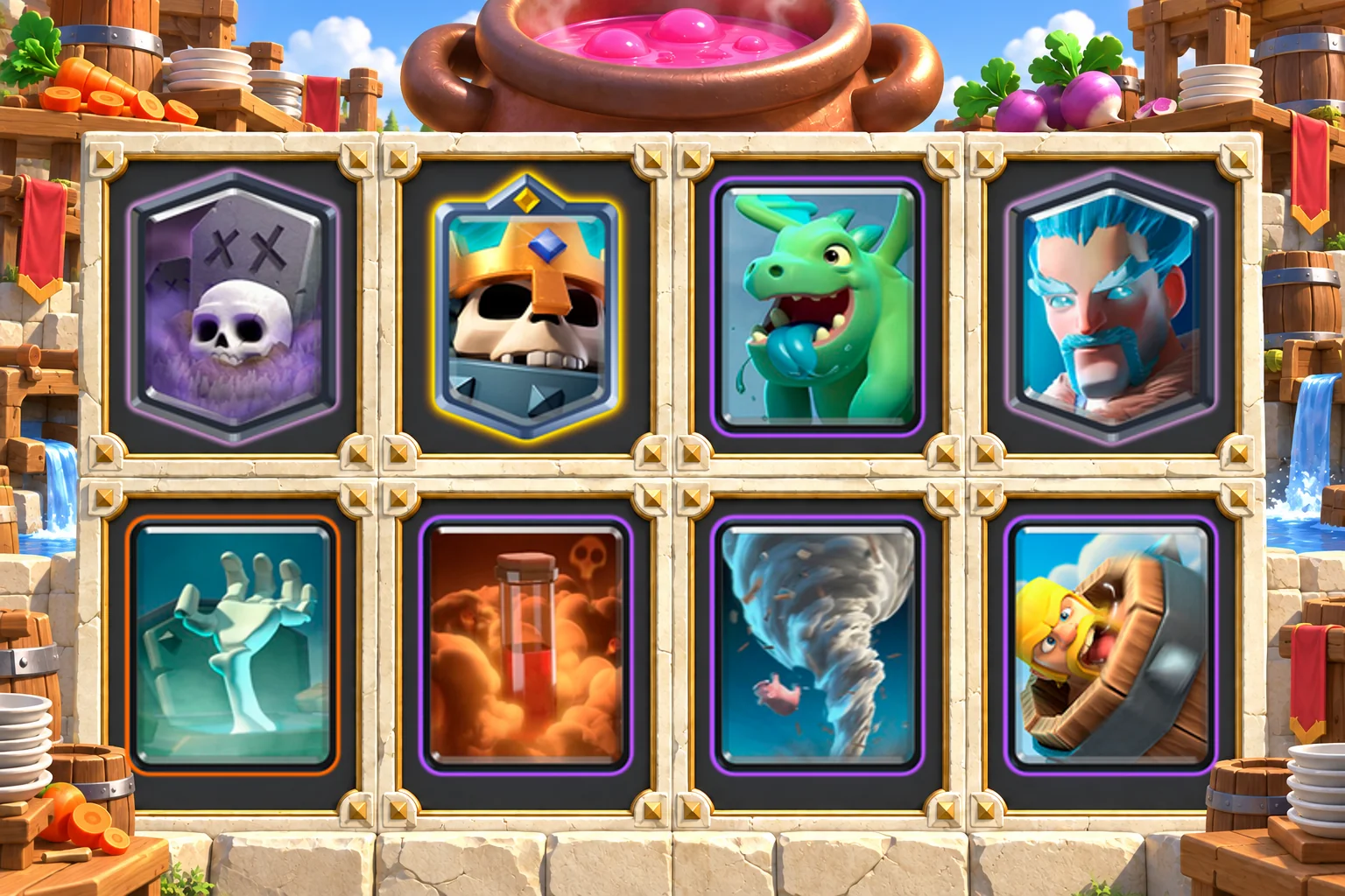 Skeleton King Graveyard Control cards in order: Graveyard, Skeleton King, Baby Dragon, Ice Wizard, Tombstone, Poison, Tornado, Barbarian Barrel
