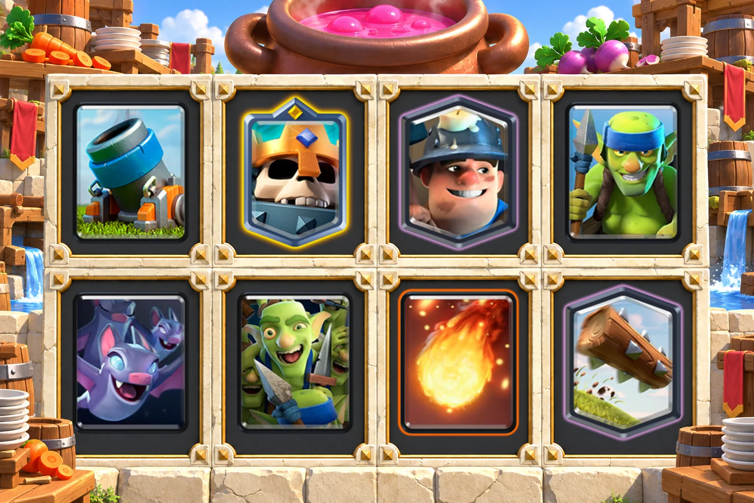 Skeleton King Mortar Miner cards in order: Mortar, Skeleton King, Miner, Spear Goblins, Bats, Goblin Gang, Fireball, The Log