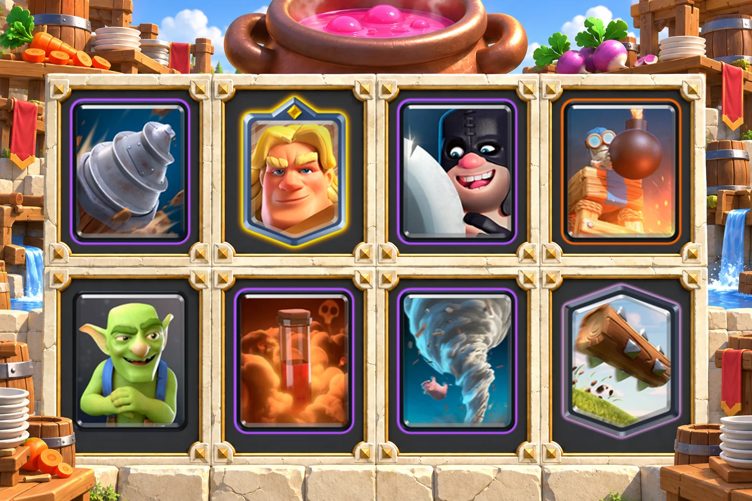 Golden Knight Drill Executioner cards in order: Goblin Drill, Golden Knight, Executioner, Bomb Tower, Goblins, Poison, Tornado, The Log