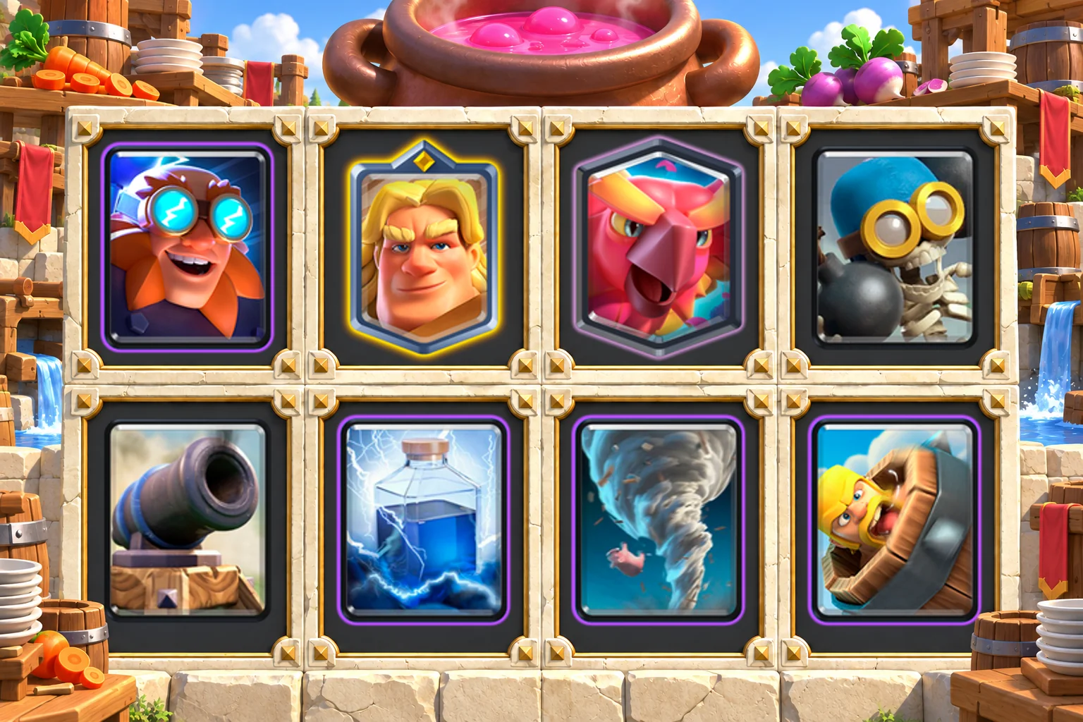Golden Knight Electro Giant cards in order: Electro Giant, Golden Knight, Phoenix, Bomber, Cannon, Lightning, Tornado, Barbarian Barrel
