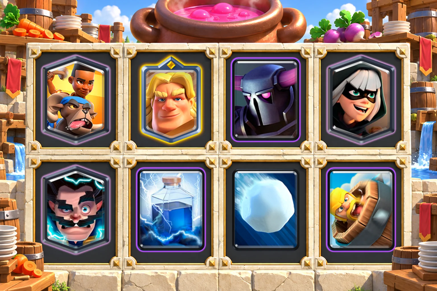 Golden Knight P.E.K.K.A Ram Rider cards in order: Ram Rider, Golden Knight, P.E.K.K.A, Bandit, Electro Wizard, Lightning, Giant Snowball, Barbarian Barrel