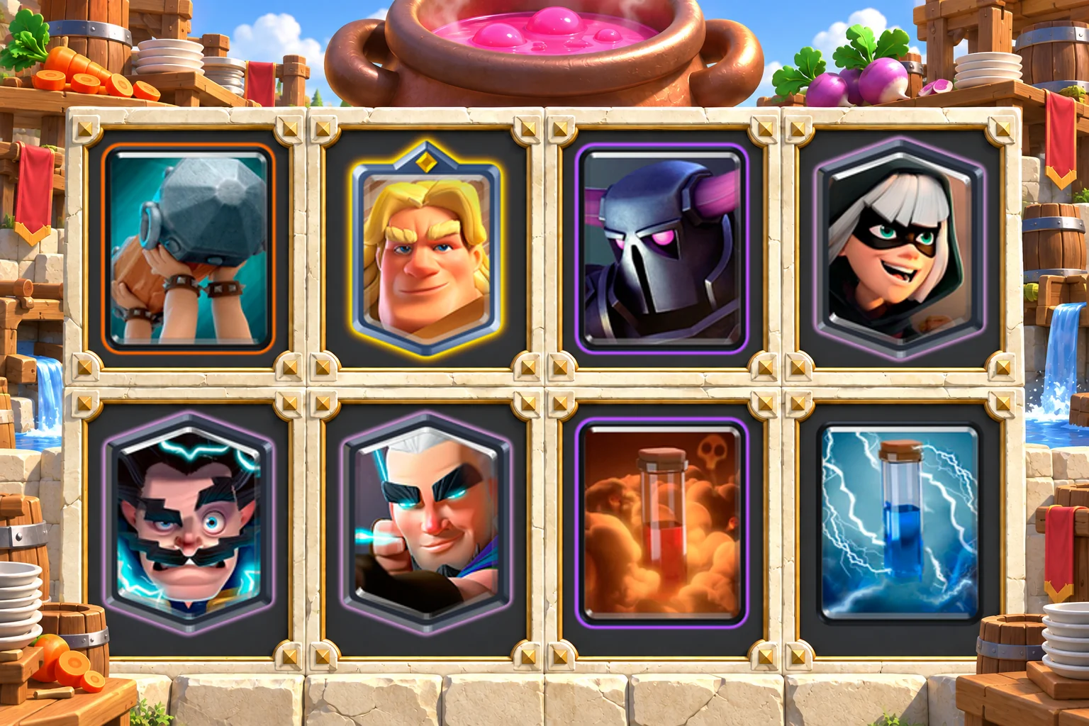 Golden Knight P.E.K.K.A Battle Ram cards in order: Battle Ram, Golden Knight, P.E.K.K.A, Bandit, Electro Wizard, Magic Archer, Poison, Zap