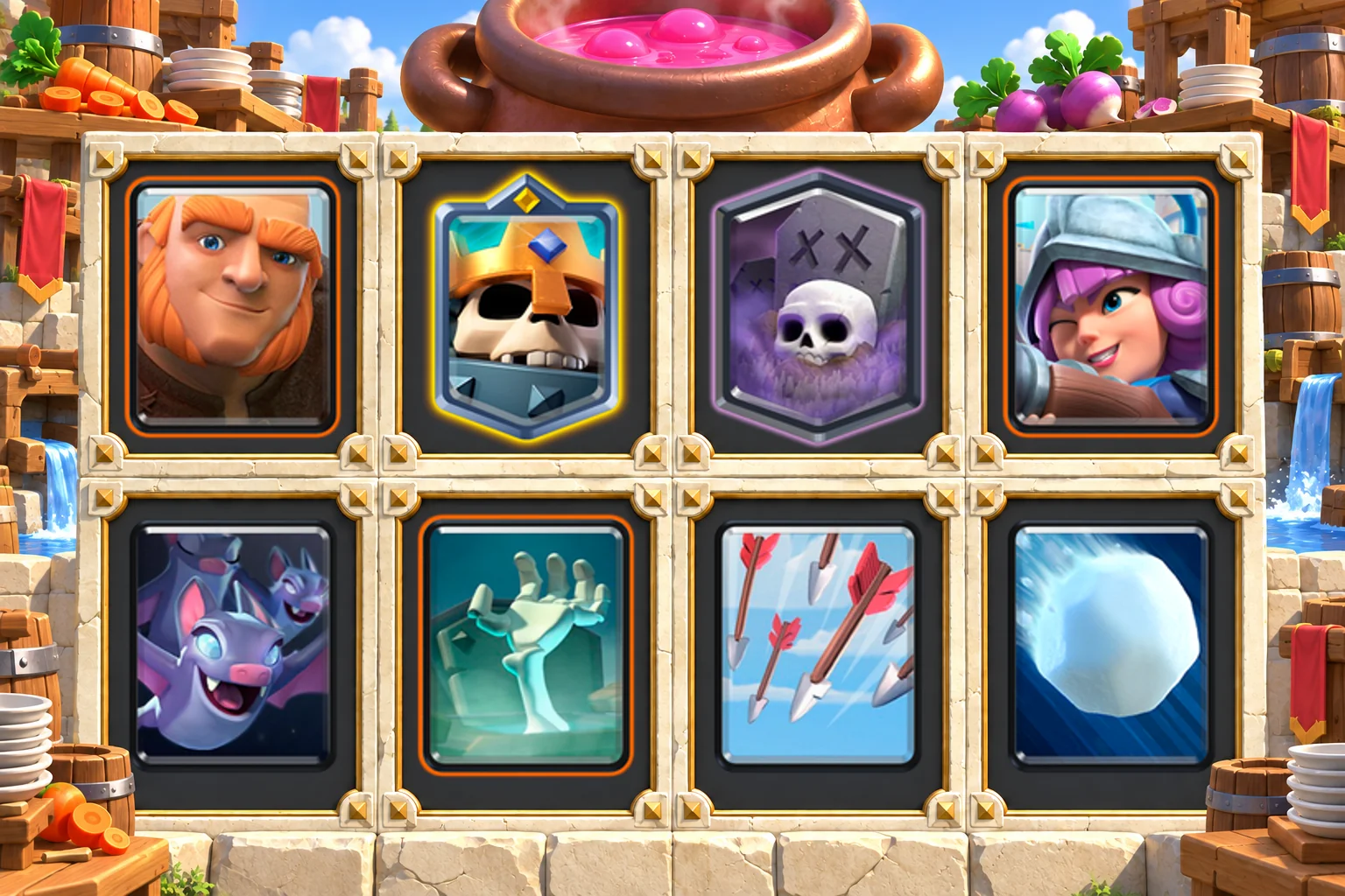 Skeleton King Giant Graveyard cards in order: Giant, Skeleton King, Graveyard, Musketeer, Bats, Tombstone, Arrows, Giant Snowball