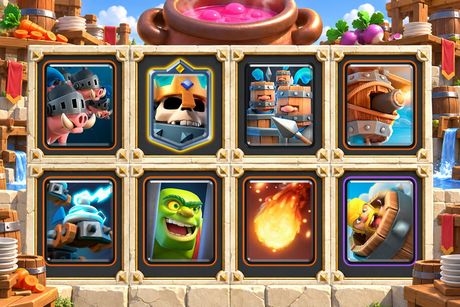 Skeleton King Recruits Hogs cards in order: Royal Hogs, Skeleton King, Royal Recruits, Flying Machine, Zappies, Goblin Cage, Fireball, Barbarian Barrel