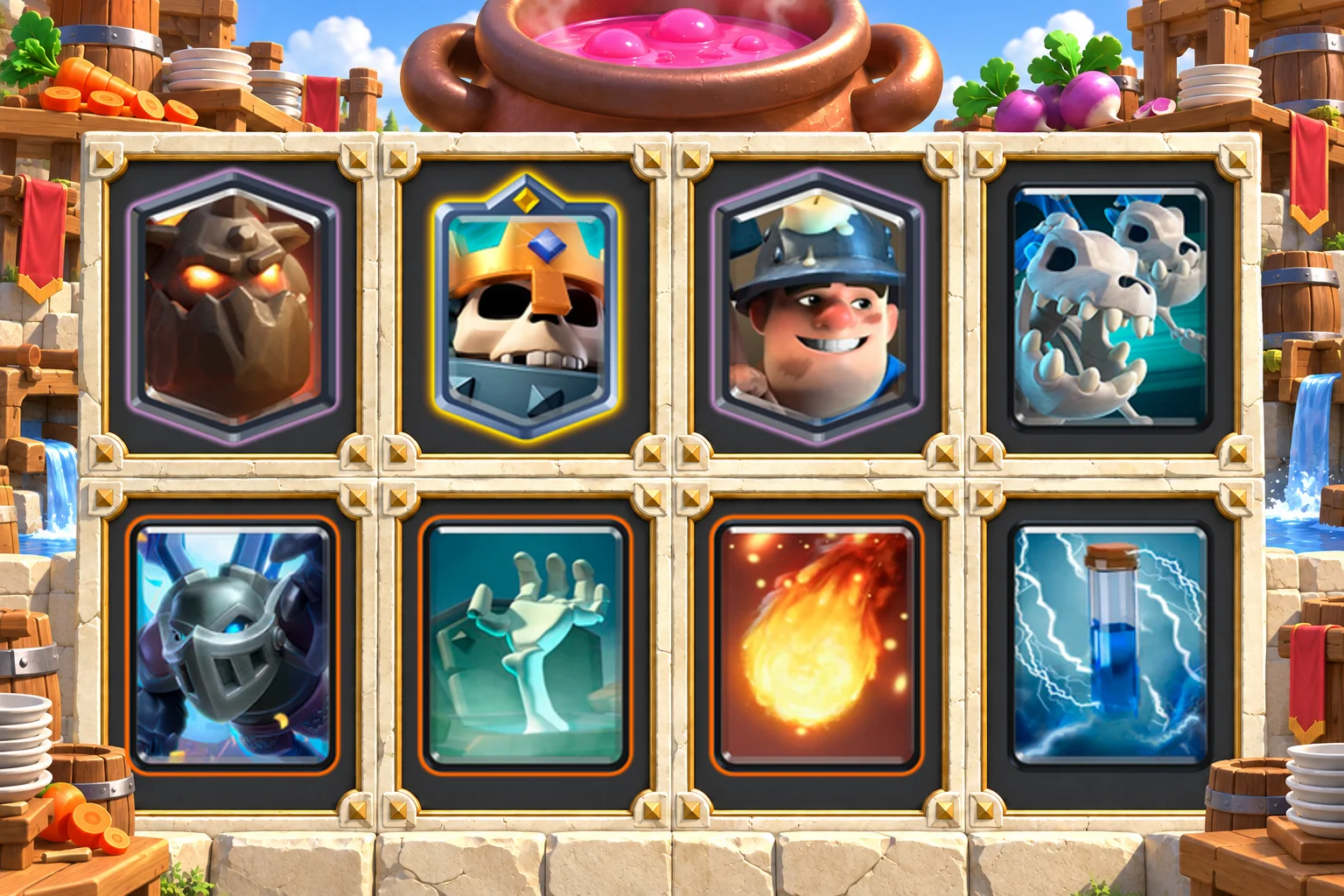 Skeleton King Lava Miner cards in order: Lava Hound, Skeleton King, Miner, Skeleton Dragons, Mega Minion, Tombstone, Fireball, Zap