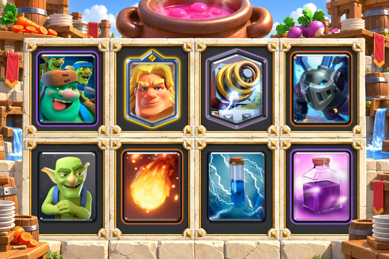 Golden Knight Goblin Giant Sparky cards in order: Goblin Giant, Golden Knight, Sparky, Mega Minion, Goblins, Fireball, Zap, Rage