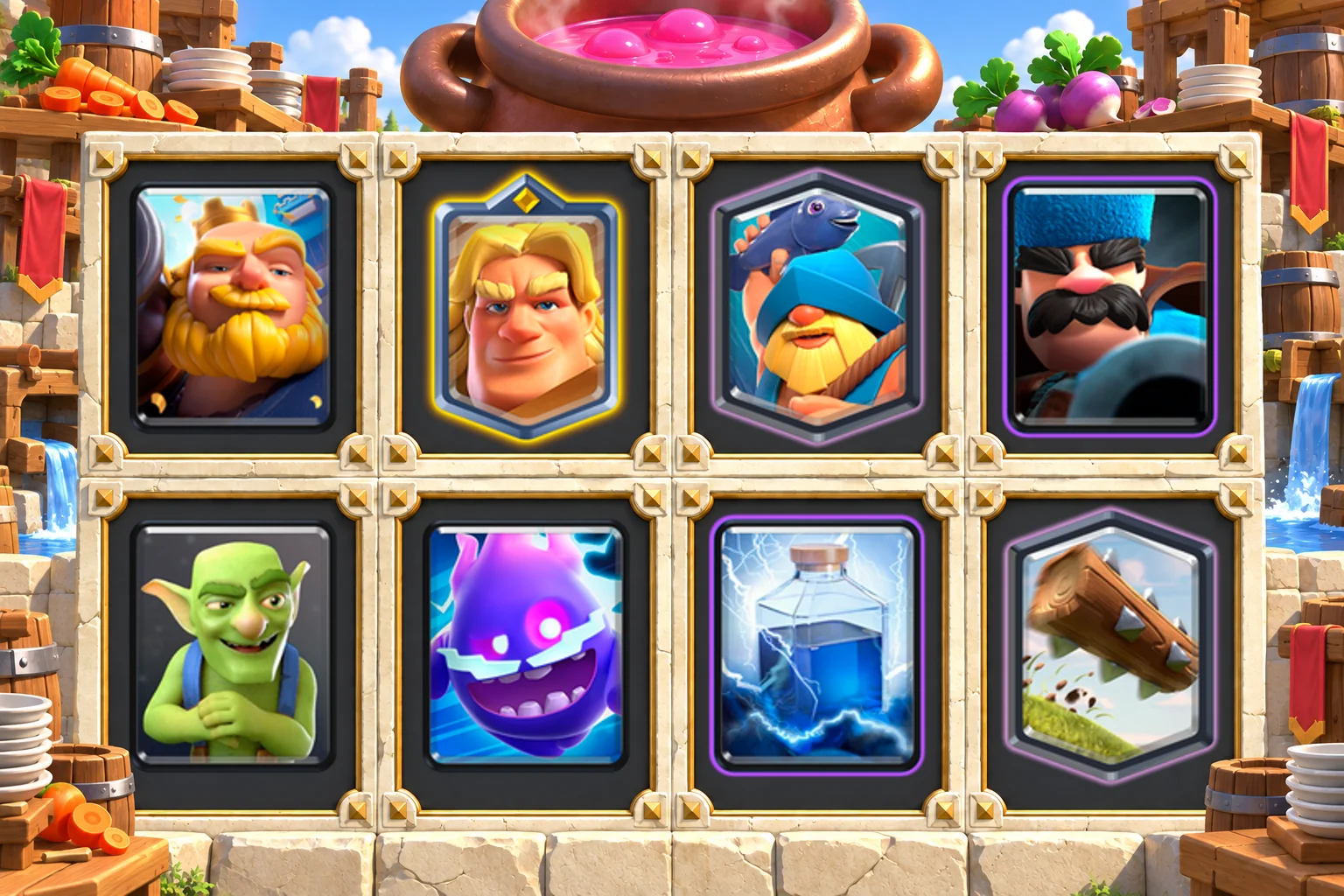 Golden Knight Royal Giant Hunter cards in order: Royal Giant, Golden Knight, Fisherman, Hunter, Goblins, Electro Spirit, Lightning, The Log