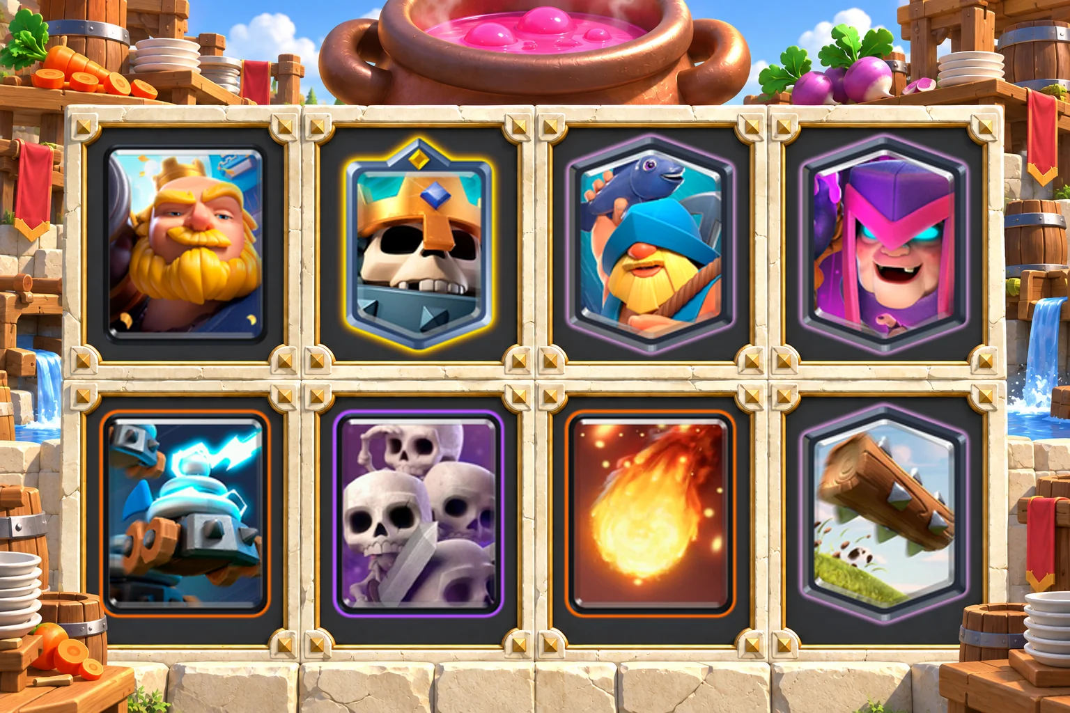 Skeleton King Royal Giant Bait cards in order: Royal Giant, Skeleton King, Fisherman, Mother Witch, Zappies, Skeleton Army, Fireball, The Log