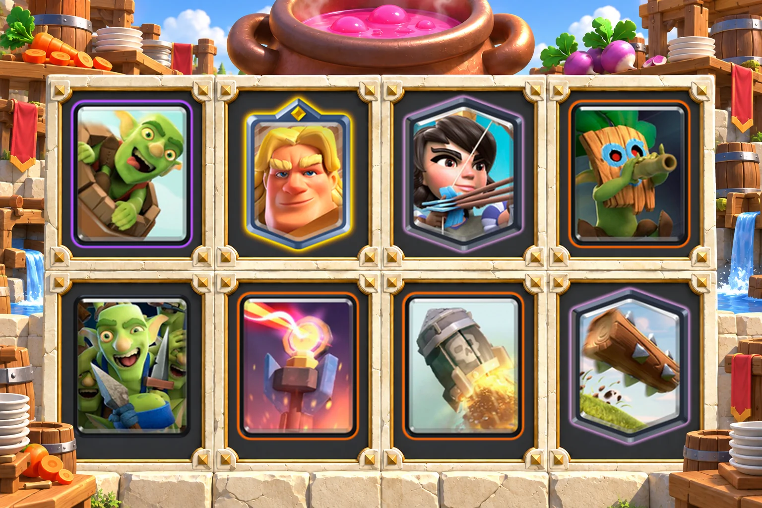 Golden Knight Barrel Dart Goblin cards in order: Goblin Barrel, Golden Knight, Princess, Dart Goblin, Goblin Gang, Inferno Tower, Rocket, The Log