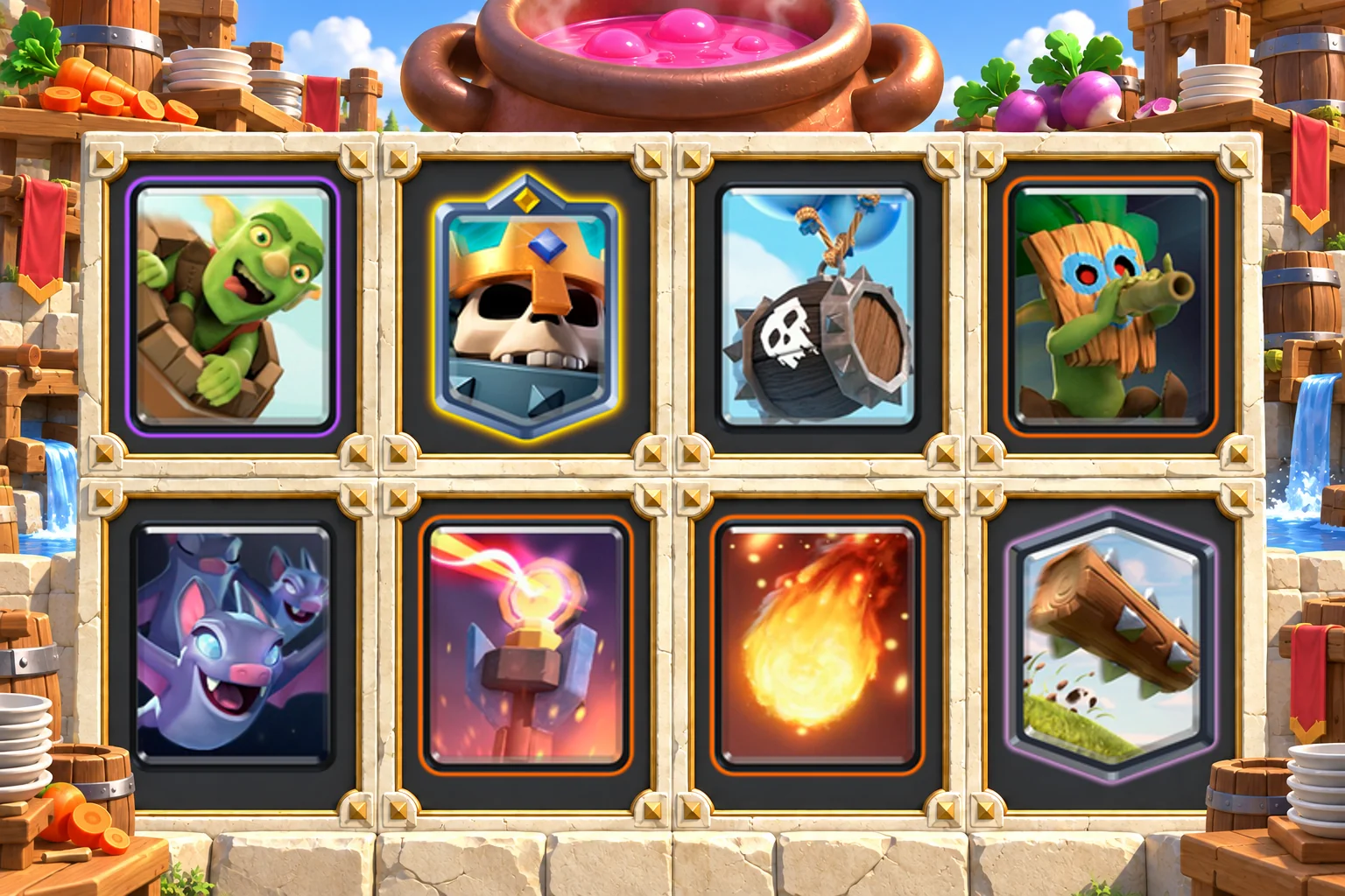 Skeleton King Double Barrel cards in order: Goblin Barrel, Skeleton King, Skeleton Barrel, Dart Goblin, Bats, Inferno Tower, Fireball, The Log
