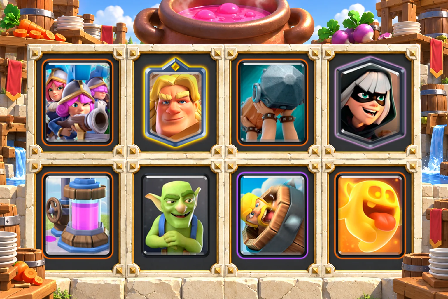 Golden Knight Three Musketeers cards in order: Three Musketeers, Golden Knight, Battle Ram, Bandit, Elixir Collector, Goblins, Barbarian Barrel, Heal Spirit