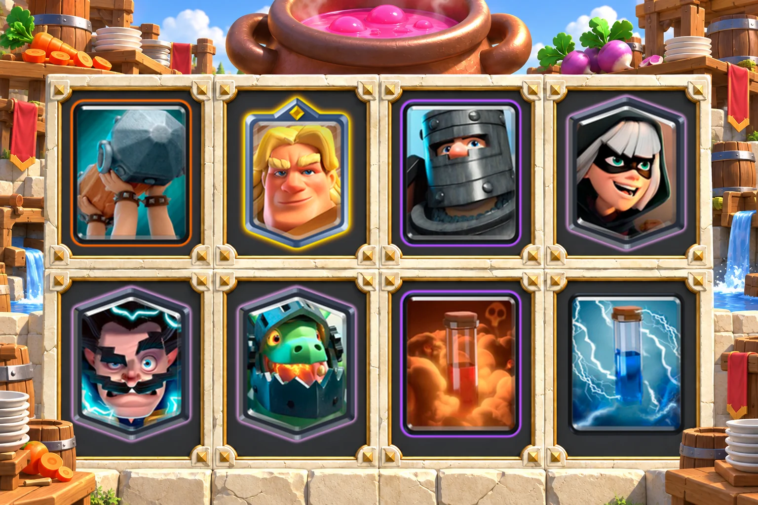 Golden Knight Ram Inferno Dragon cards in order: Battle Ram, Golden Knight, Dark Prince, Bandit, Electro Wizard, Inferno Dragon, Poison, Zap