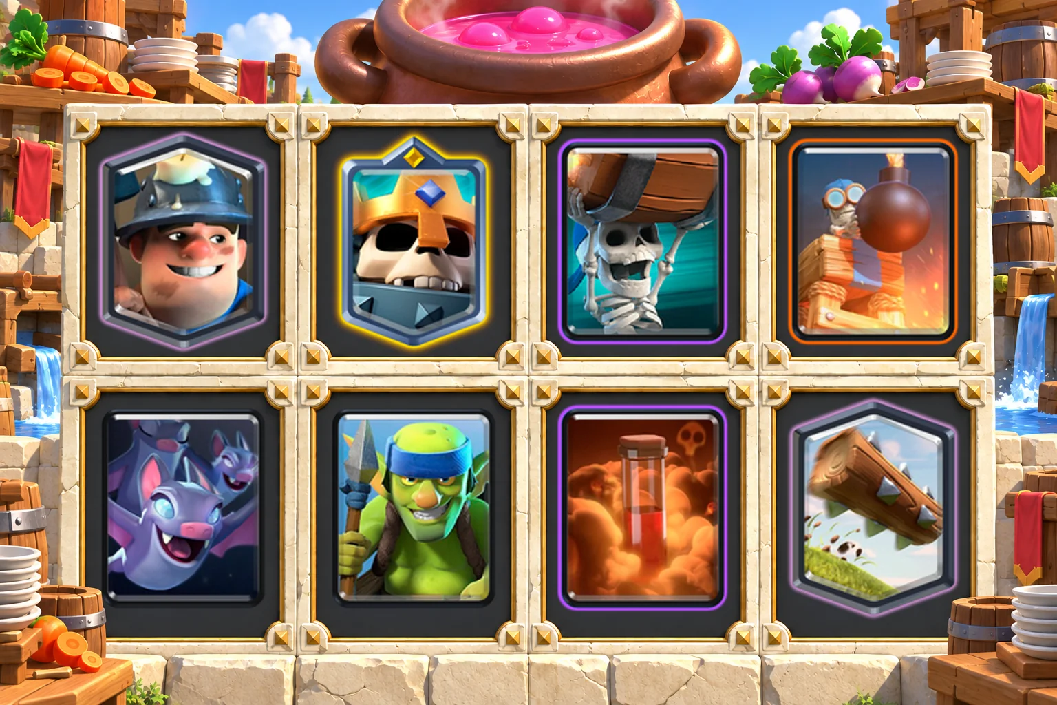 Skeleton King Miner Wall Breakers cards in order: Miner, Skeleton King, Wall Breakers, Bomb Tower, Bats, Spear Goblins, Poison, The Log